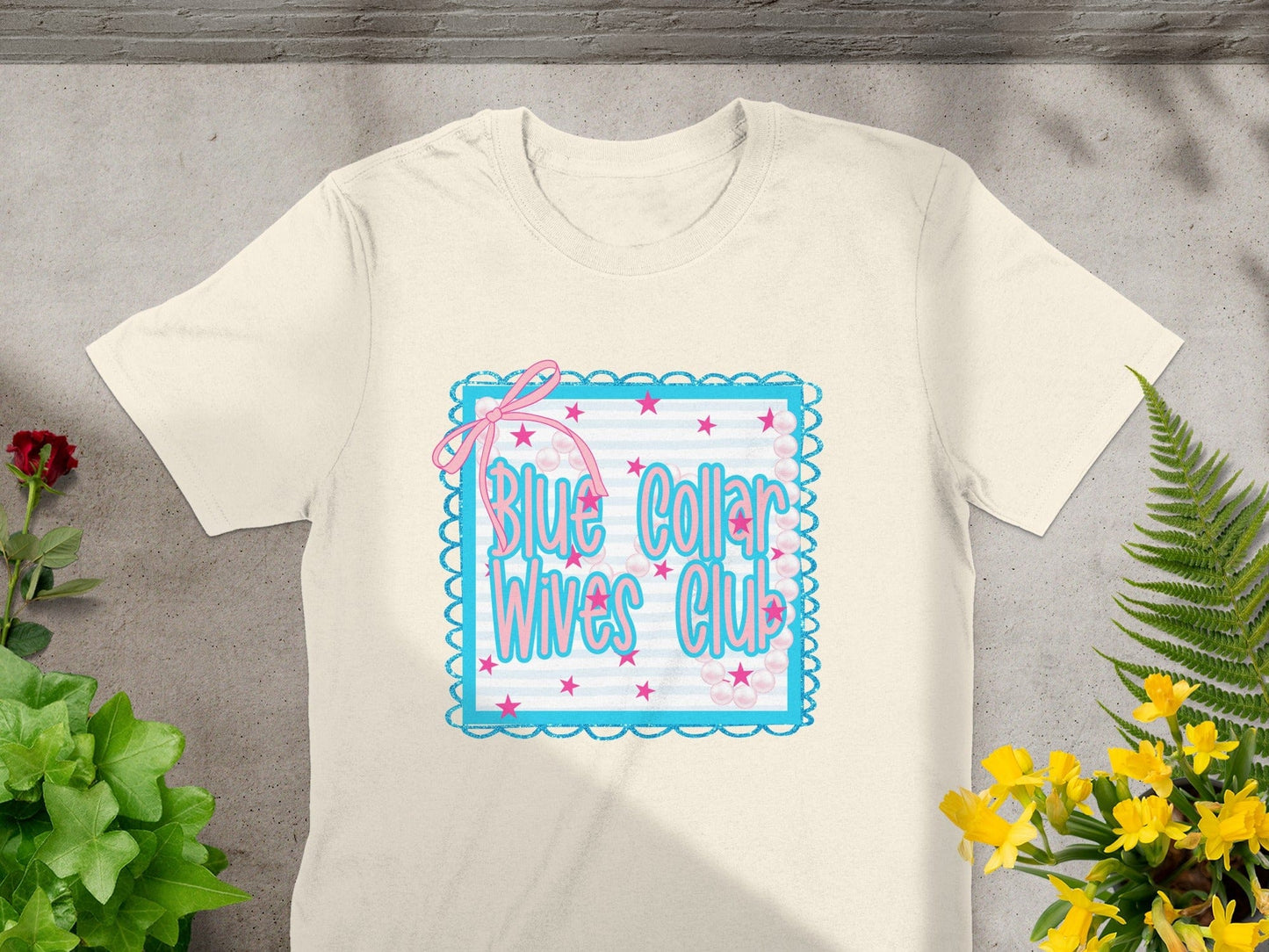 Jen Peete Designs Clothing T-shirts Blue Collar Wives Club with Pearls and Bow Graphic T-Shirt