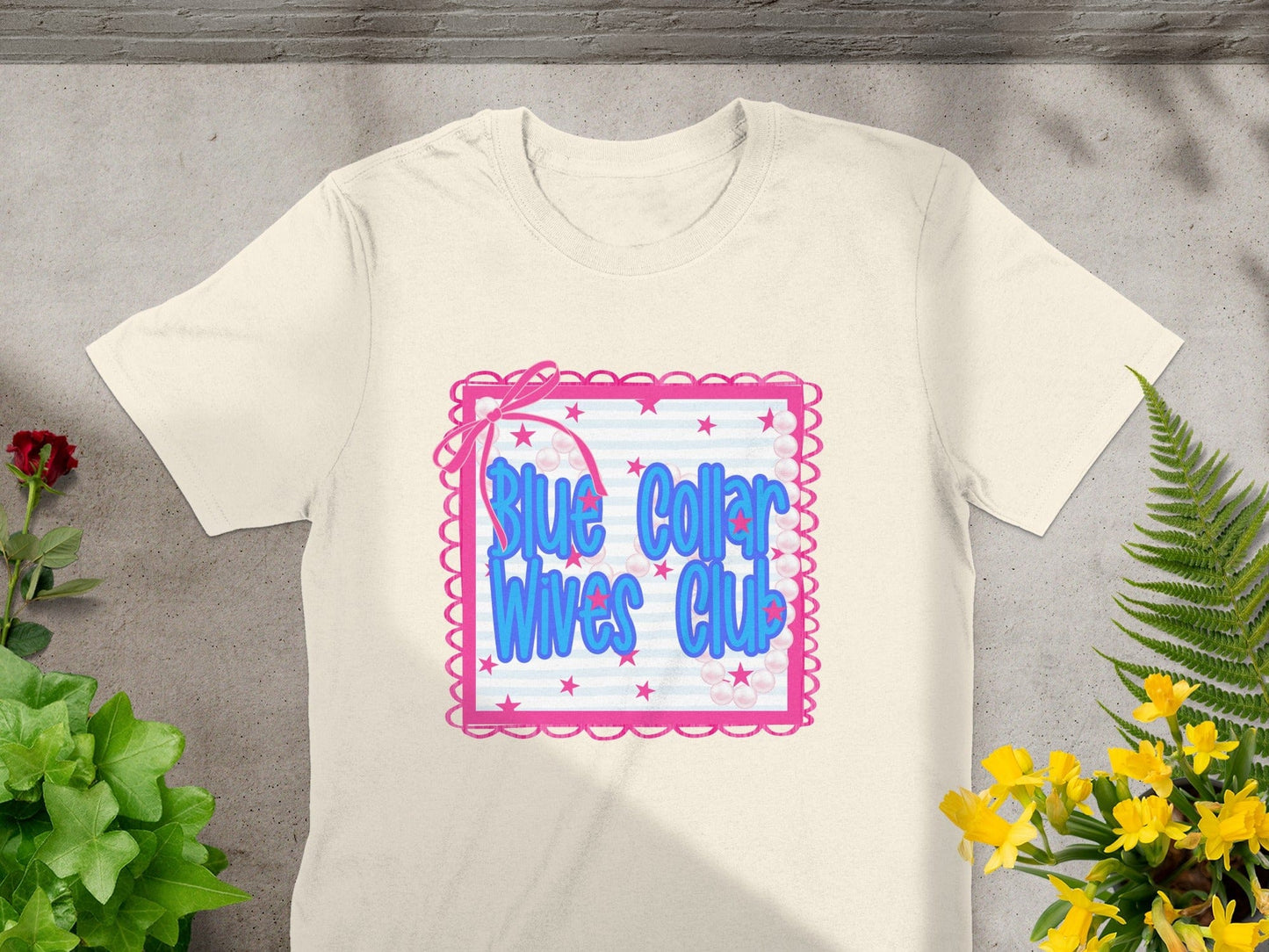 Jen Peete Designs Clothing T-shirts Blue Collar Wives Club with Pearls and Bow Graphic T-Shirt