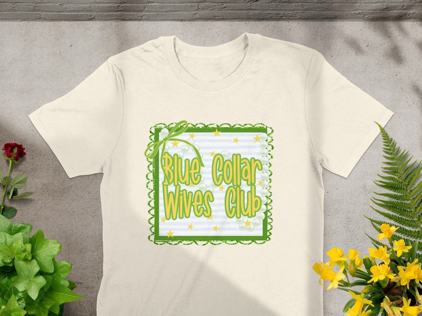 Jen Peete Designs Clothing T-shirts Blue Collar Wives Club with Pearls and Bow Graphic T-Shirt