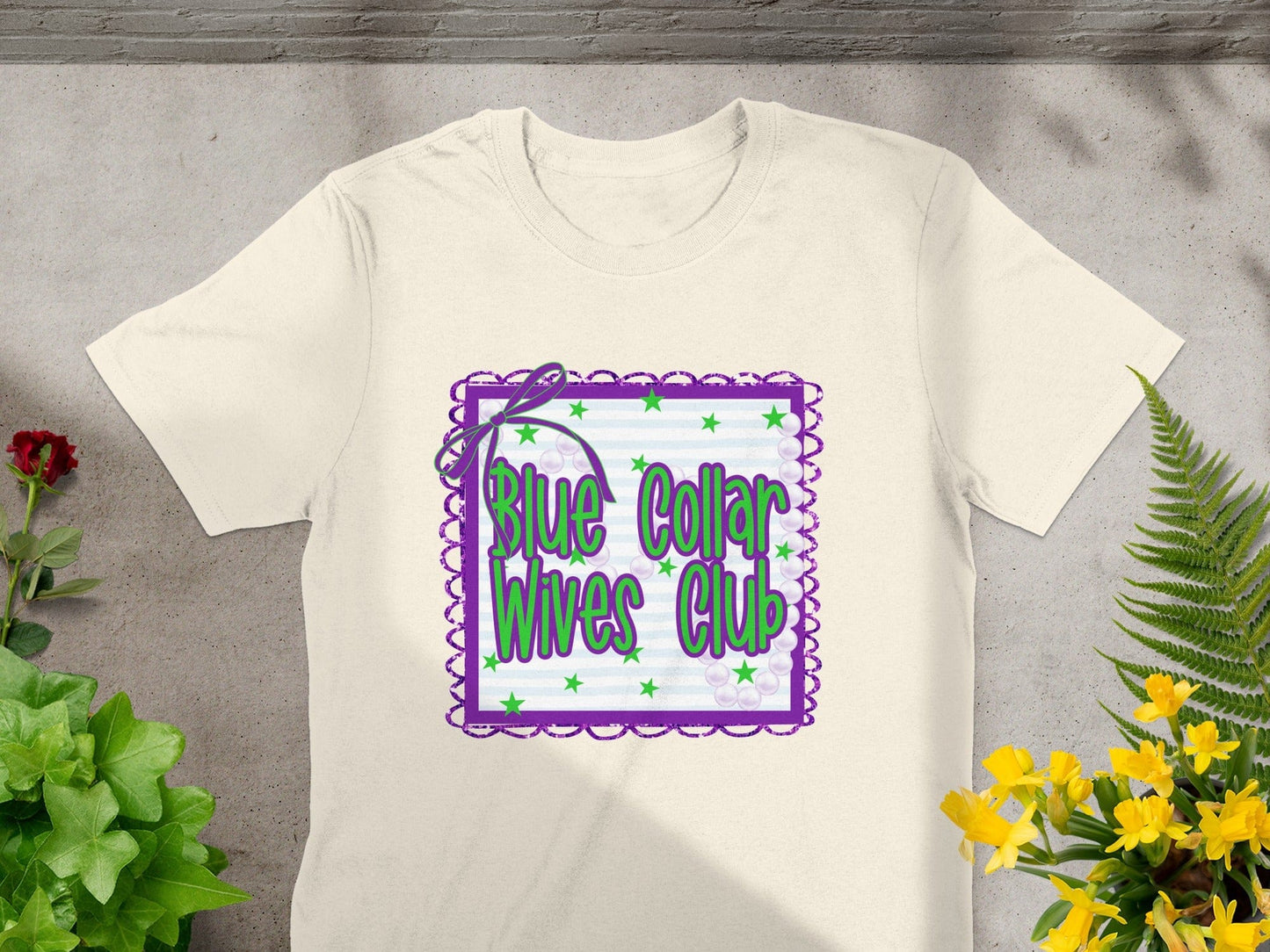 Jen Peete Designs Clothing T-shirts Blue Collar Wives Club with Pearls and Bow Graphic T-Shirt