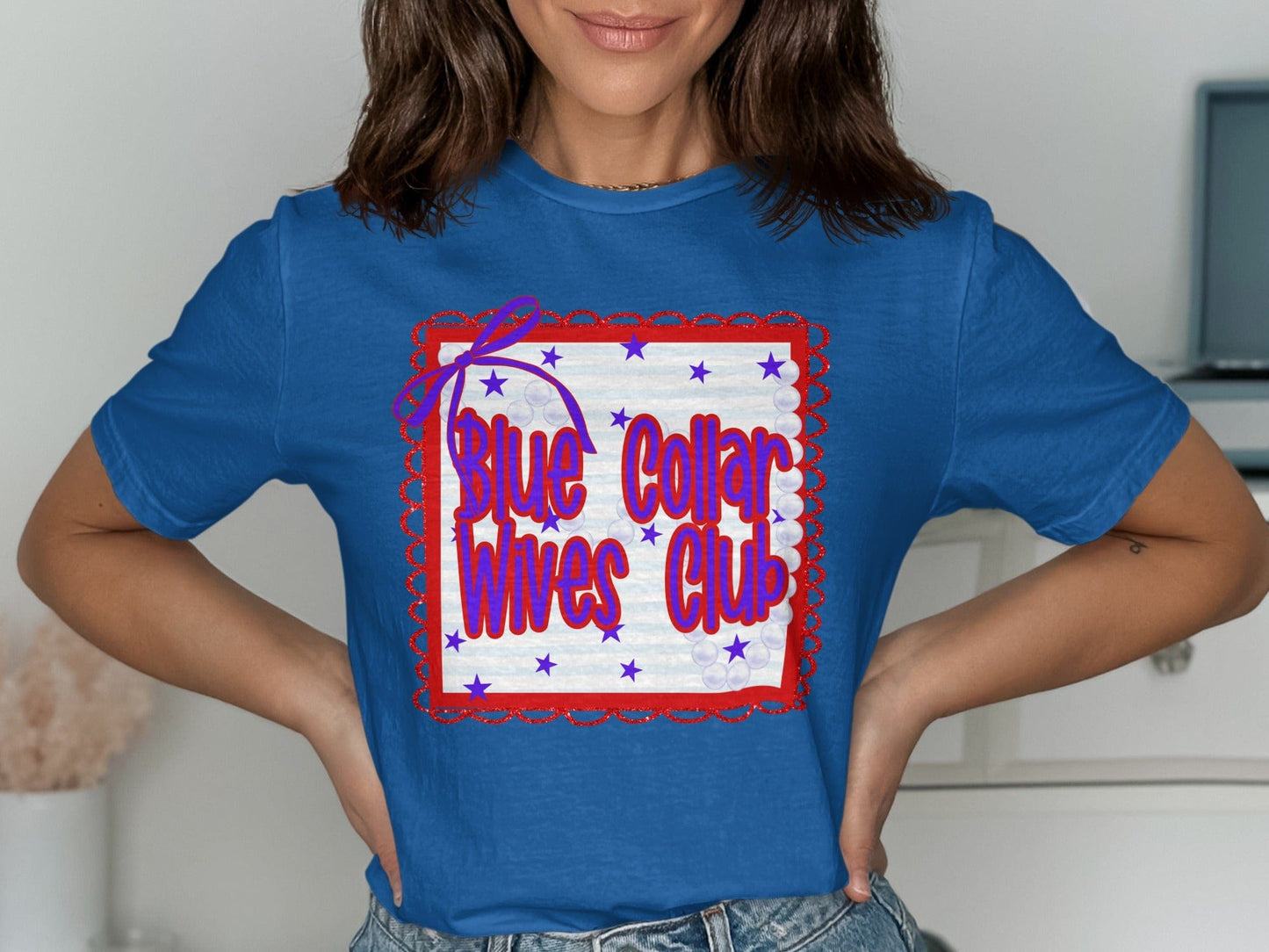 Jen Peete Designs Clothing T-shirts Blue Collar Wives Club with Pearls and Bow Graphic T-Shirt