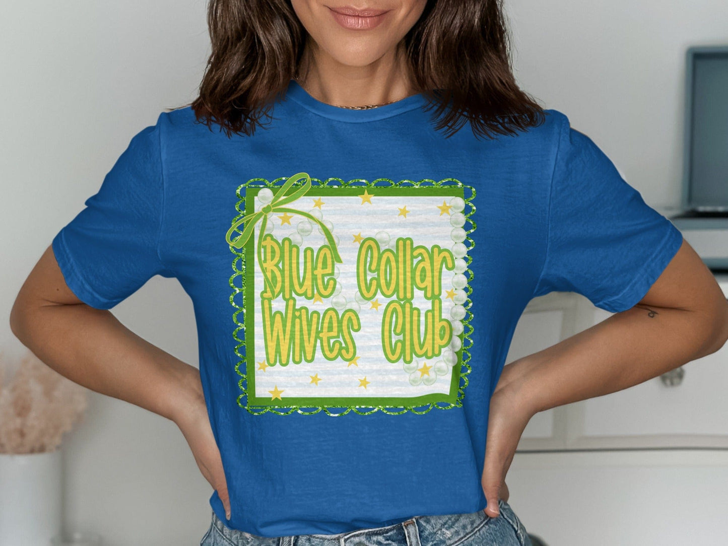 Jen Peete Designs Clothing T-shirts Blue Collar Wives Club with Pearls and Bow Graphic T-Shirt