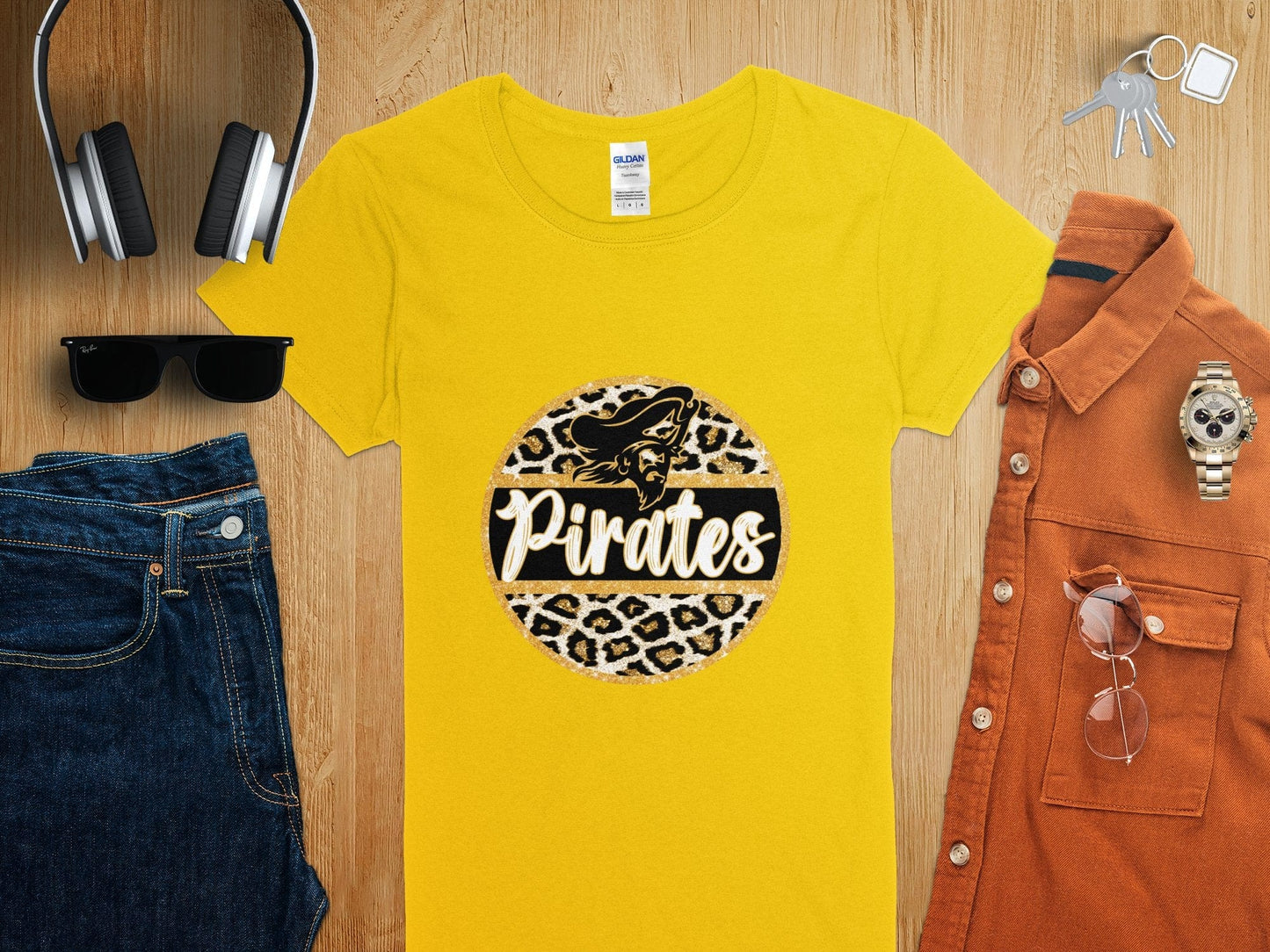 Jen Peete Designs Clothing T-shirts Bold Pirates Design Leopard Golden Circle T-Shirt