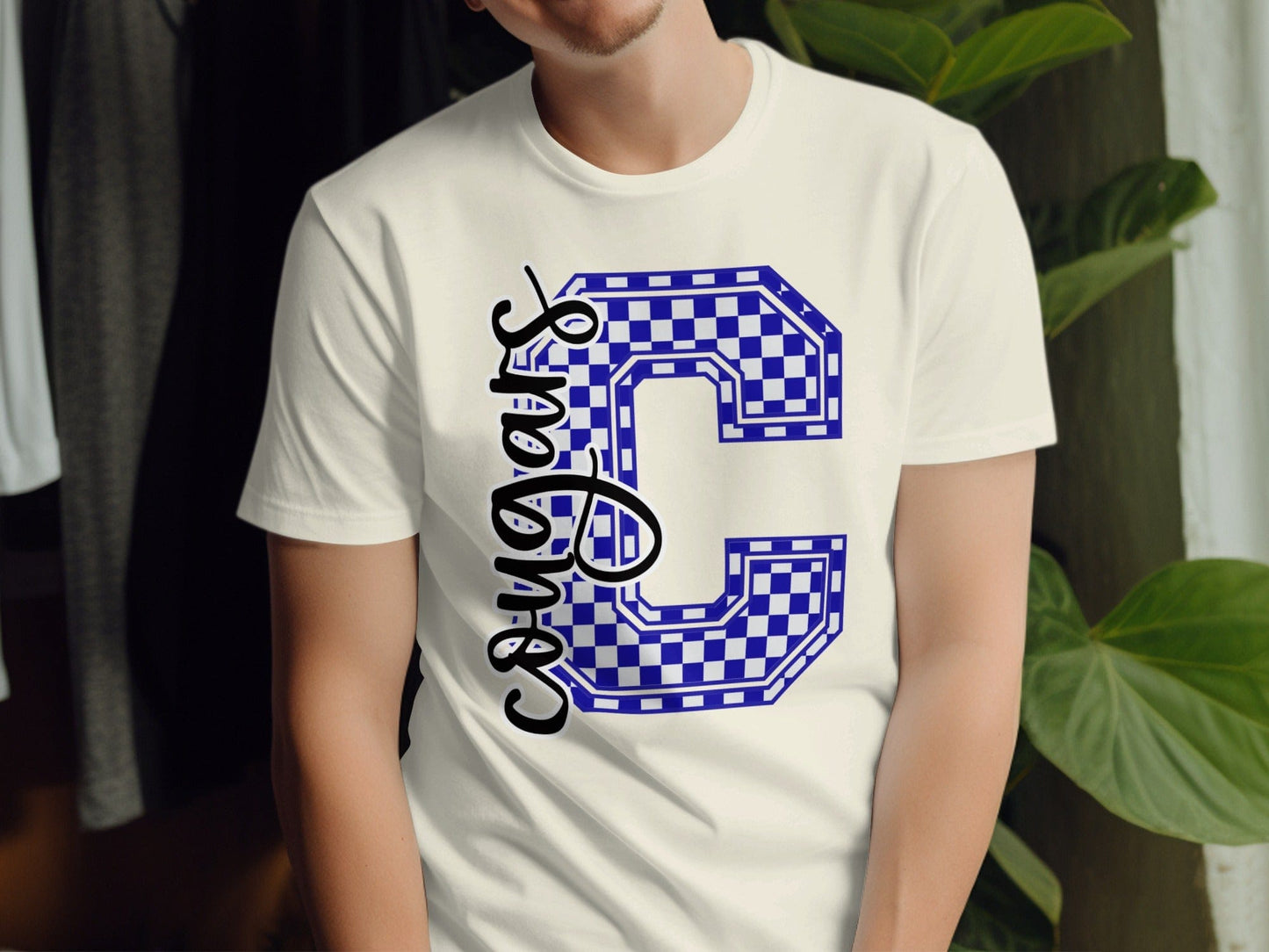 Jen Peete Designs Clothing T-shirts Cursive Cougars Spirit Shirt with Blue Checkered C