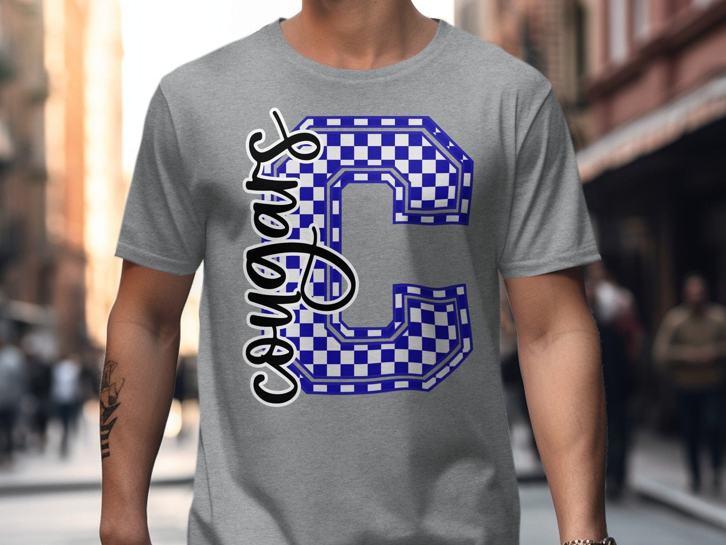 Jen Peete Designs Clothing T-shirts Cursive Cougars Spirit Shirt with Blue Checkered C