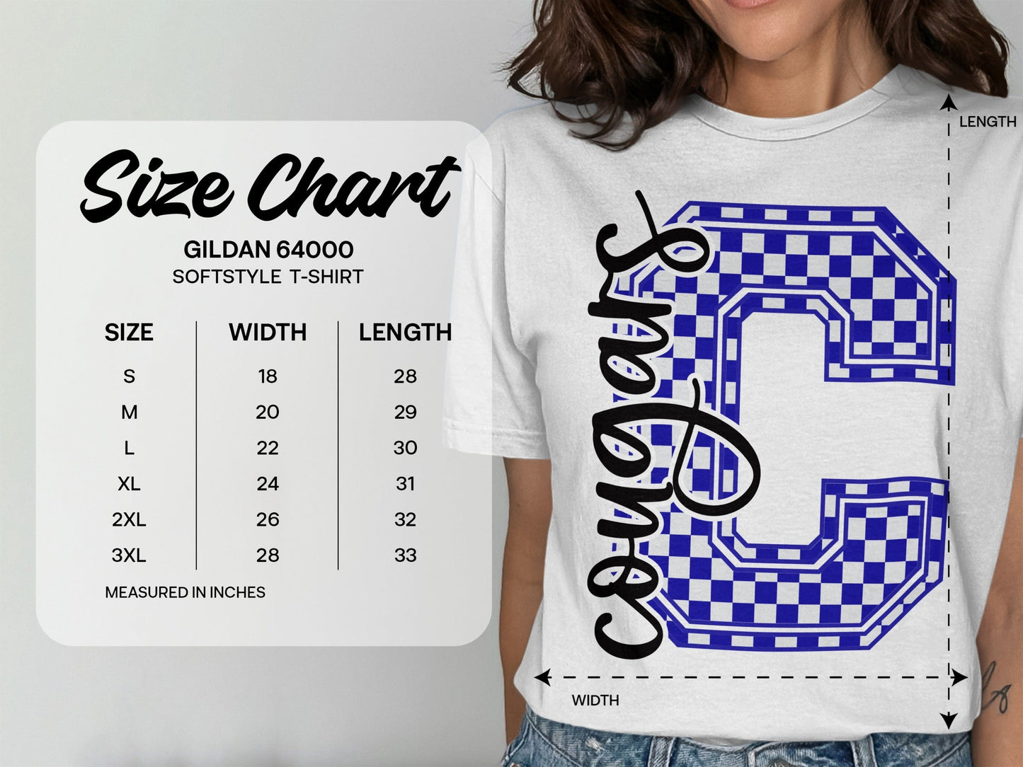 Jen Peete Designs Clothing T-shirts Cursive Cougars Spirit Shirt with Blue Checkered C