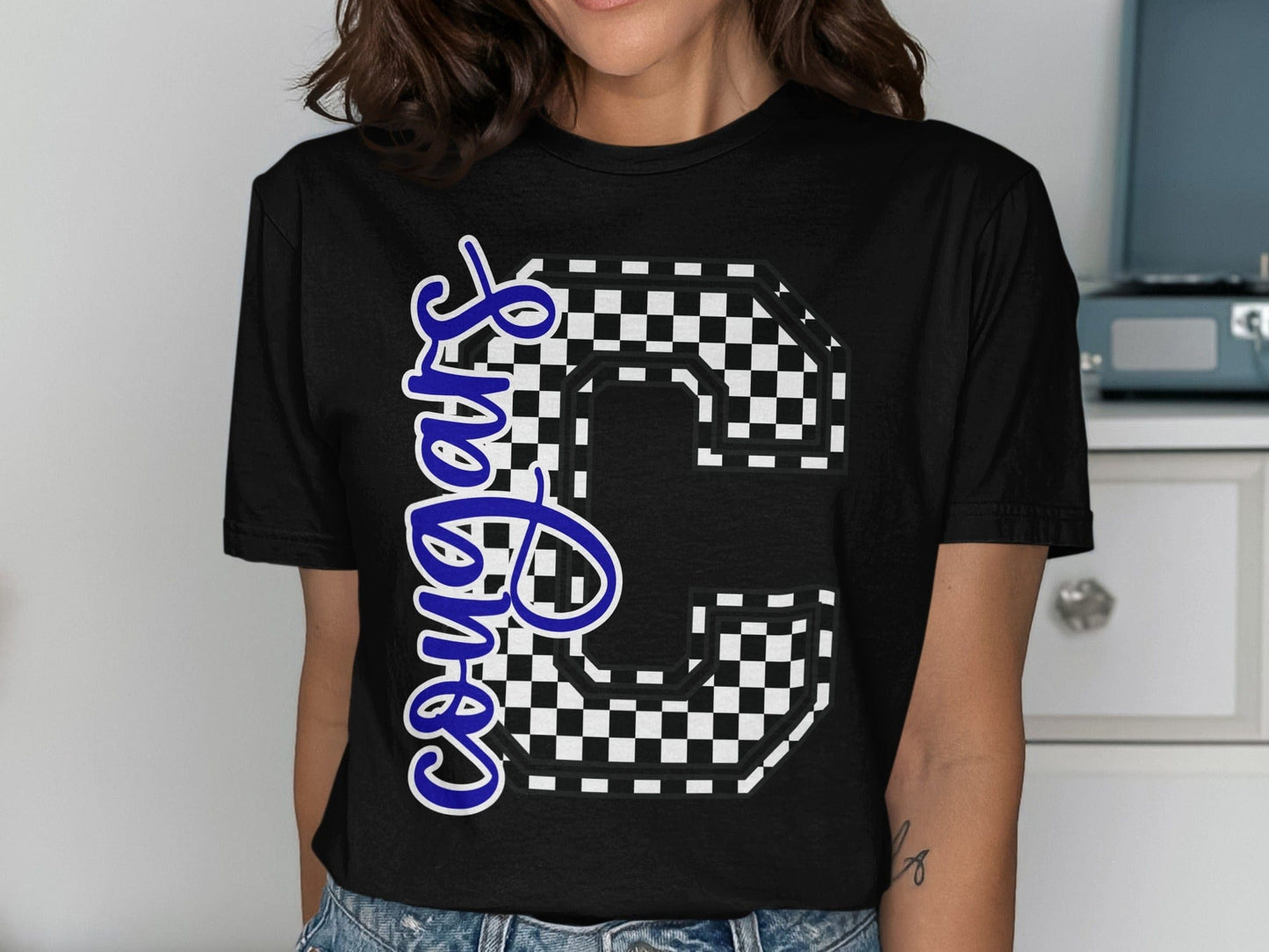 Jen Peete Designs Clothing T-shirts Cursive Cougars Spirit Shirt with Checkered C