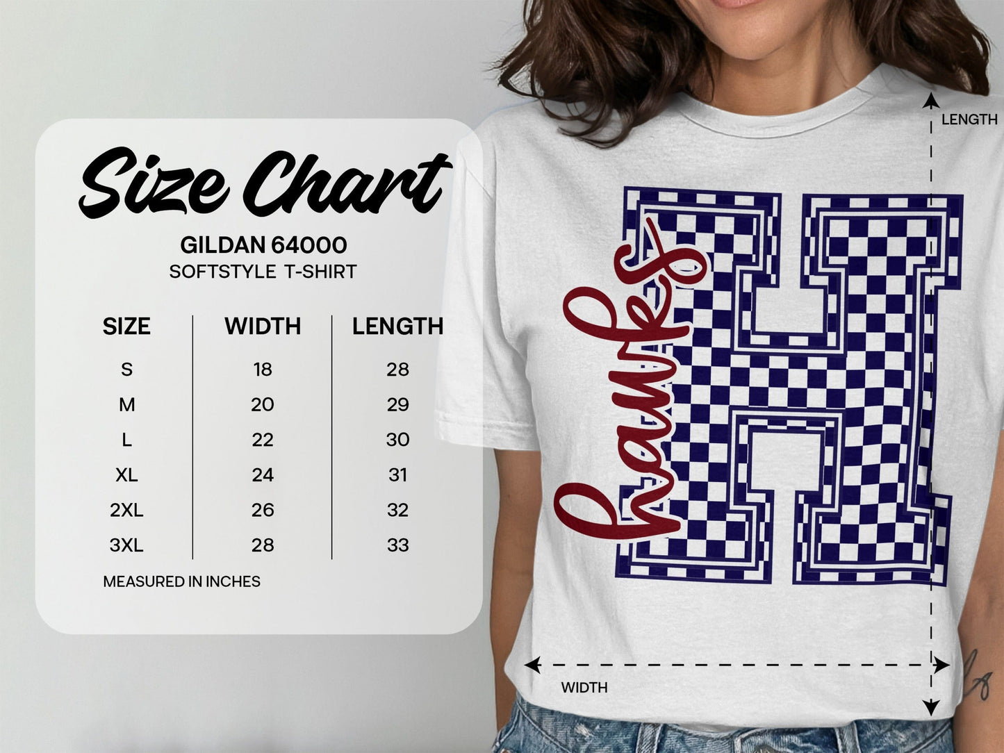 Jen Peete Designs Clothing T-shirts Cursive Hawks Spirit Shirt with Blue Checkered H