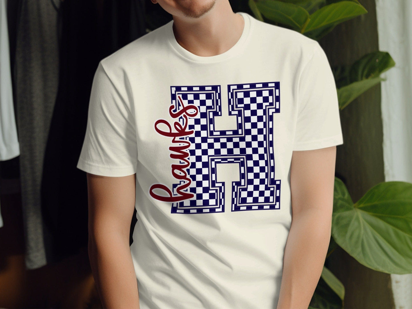 Jen Peete Designs Clothing T-shirts Cursive Hawks Spirit Shirt with Blue Checkered H