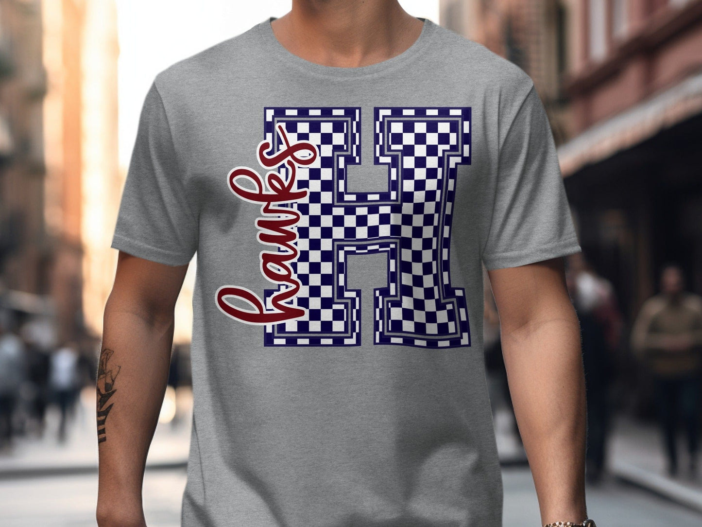 Jen Peete Designs Clothing T-shirts Cursive Hawks Spirit Shirt with Blue Checkered H