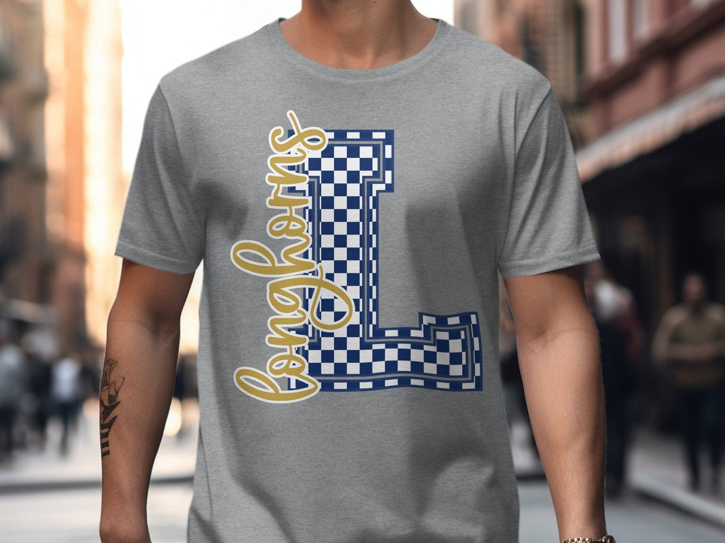 Jen Peete Designs Clothing T-shirts Cursive Longhorns Spirit Shirt with Blue Checkered L