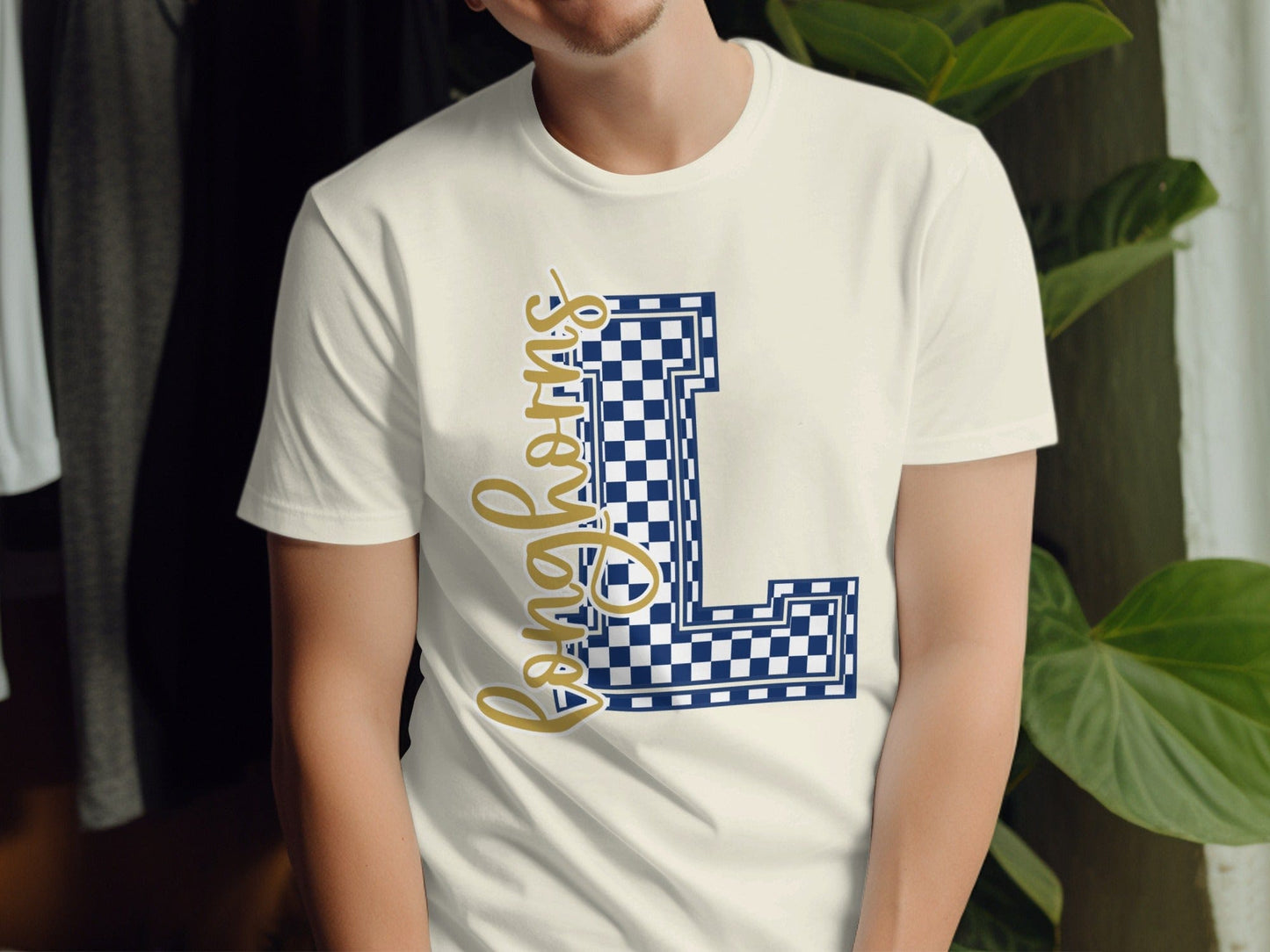 Jen Peete Designs Clothing T-shirts Cursive Longhorns Spirit Shirt with Blue Checkered L