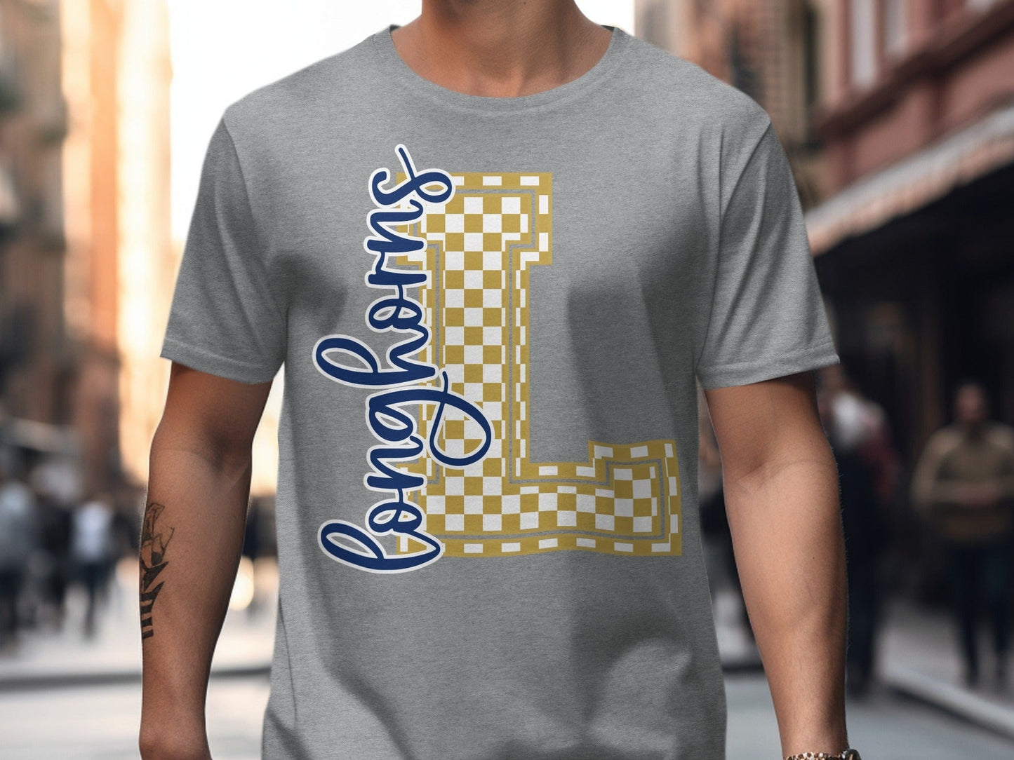 Jen Peete Designs Clothing T-shirts Cursive Longhorns Spirit Shirt with Checkered L