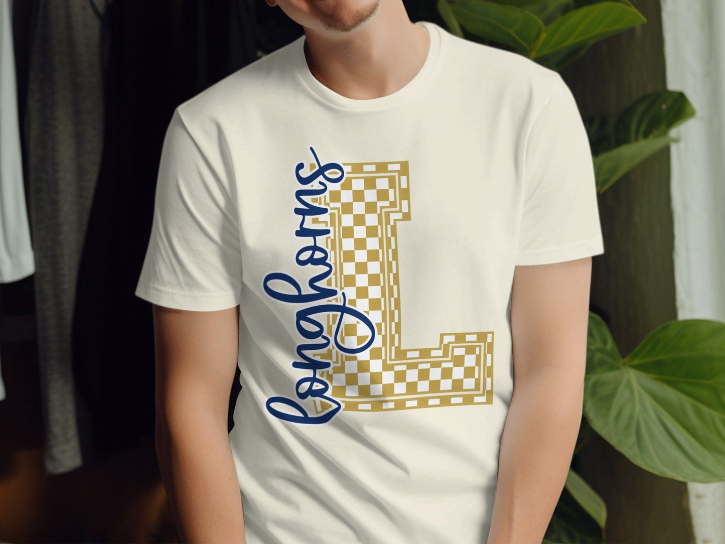Jen Peete Designs Clothing T-shirts Cursive Longhorns Spirit Shirt with Checkered L