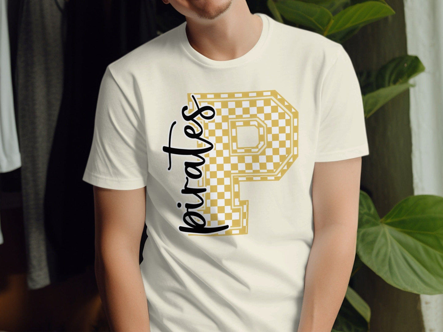 Jen Peete Designs Clothing T-shirts Cursive Pirates Spirit Shirt with Gold Checkered P