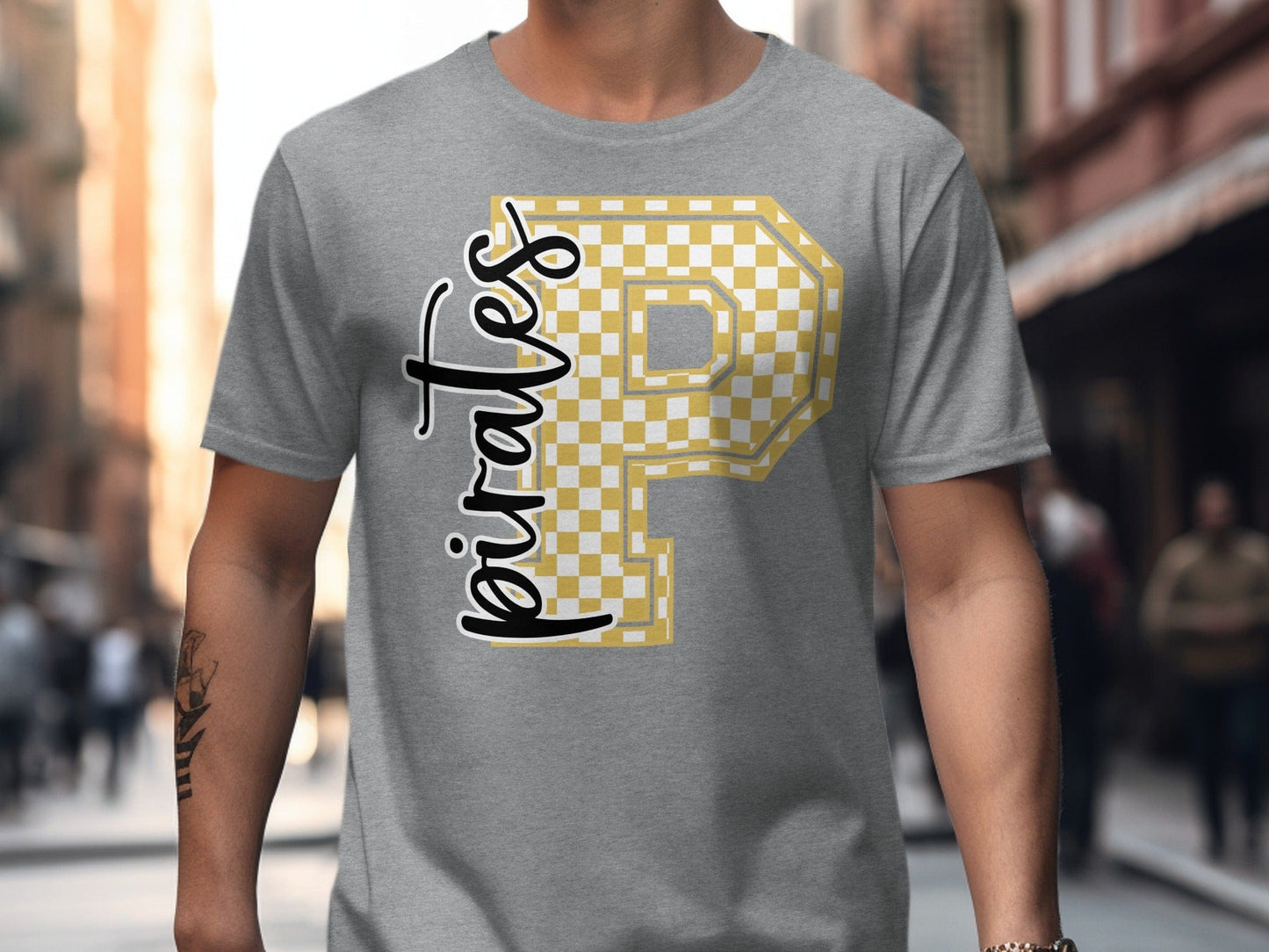 Jen Peete Designs Clothing T-shirts Cursive Pirates Spirit Shirt with Gold Checkered P