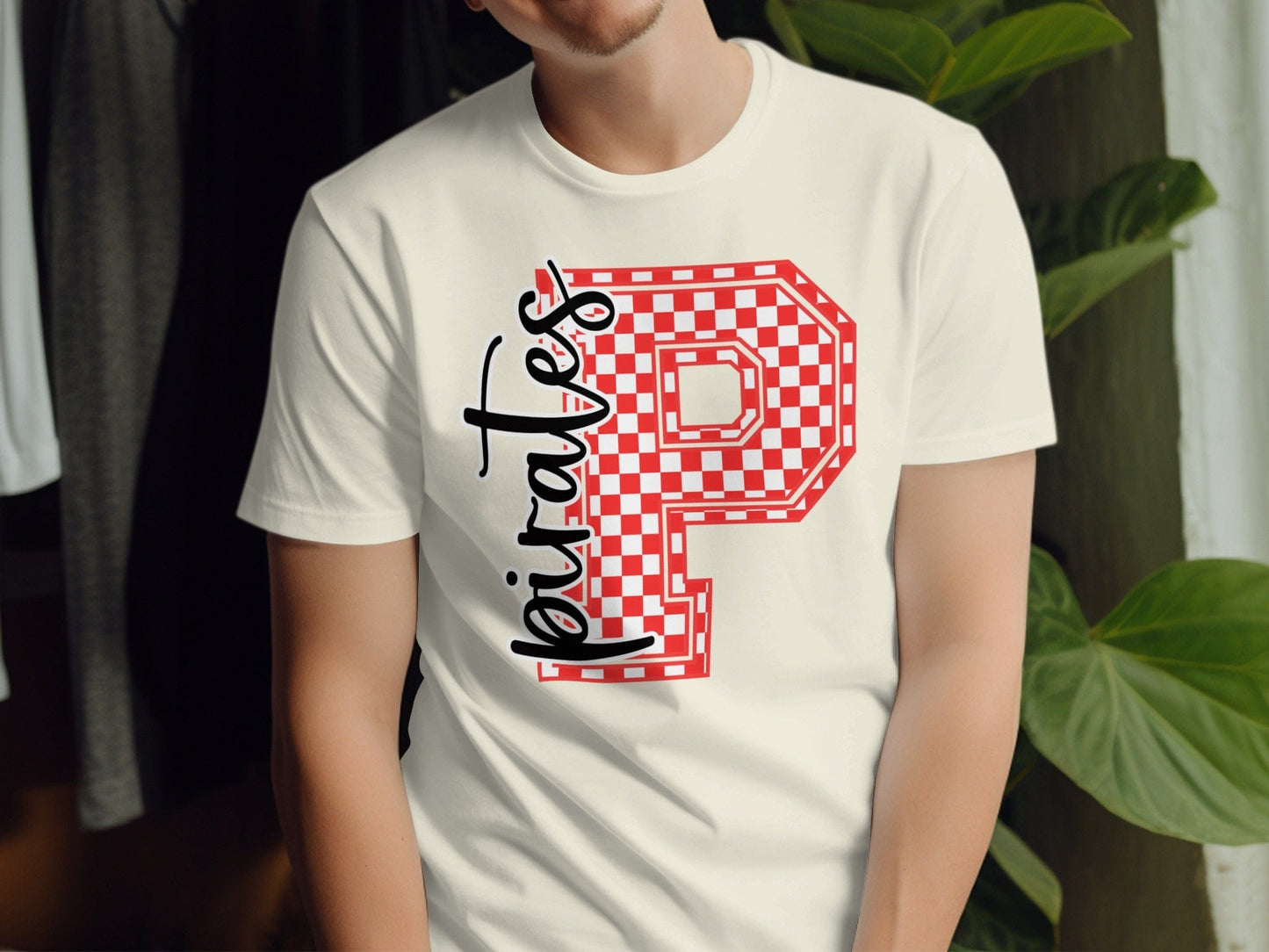 Jen Peete Designs Clothing T-shirts Cursive Pirates Spirit Shirt with Red Checkered P