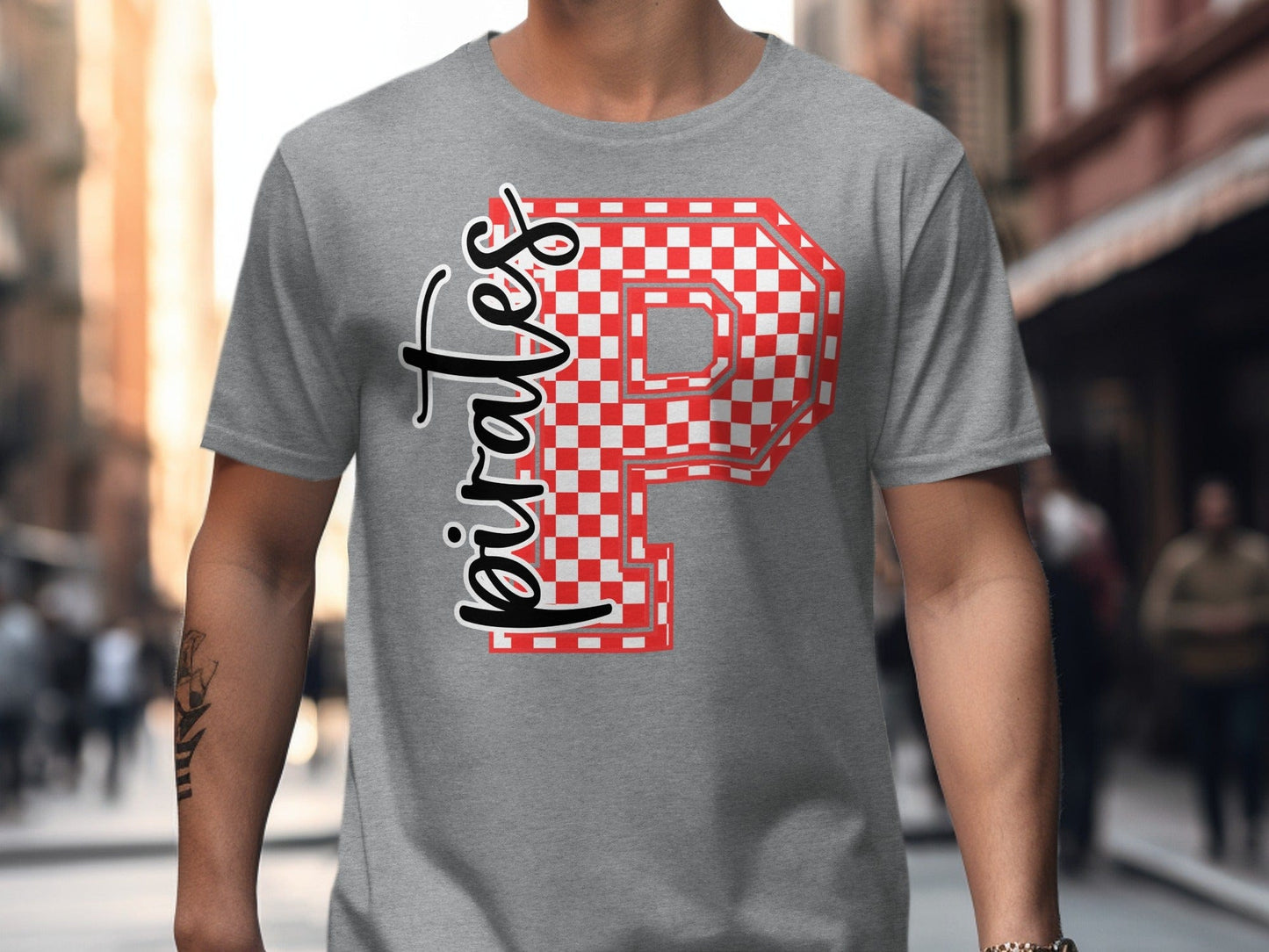 Jen Peete Designs Clothing T-shirts Cursive Pirates Spirit Shirt with Red Checkered P
