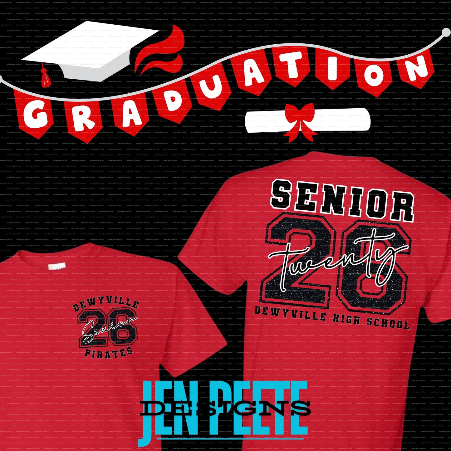 Jen Peete Designs Clothing T-shirts Dewyville Pirates Senior 2026 Black Glitter T-Shirt