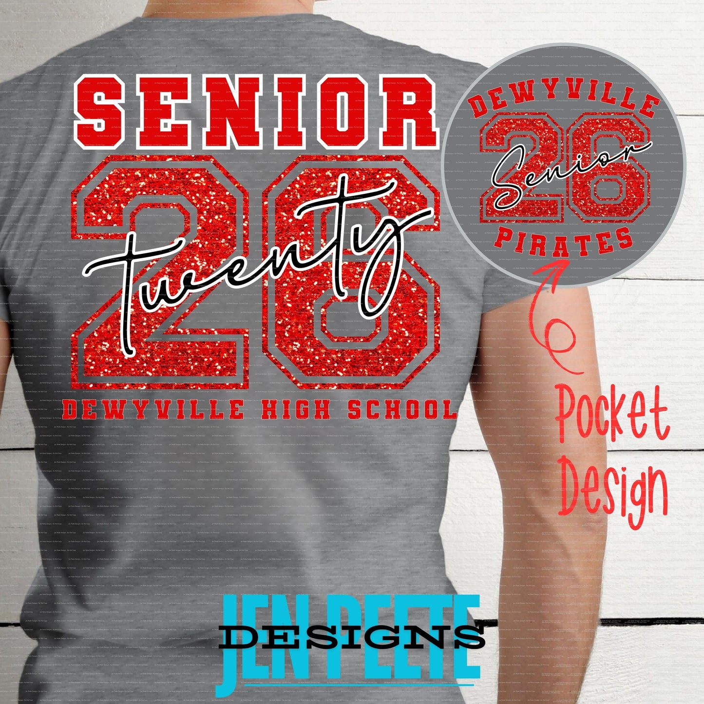 Jen Peete Designs Clothing T-shirts Dewyville Pirates Senior 2026 Red Glitter T-Shirt