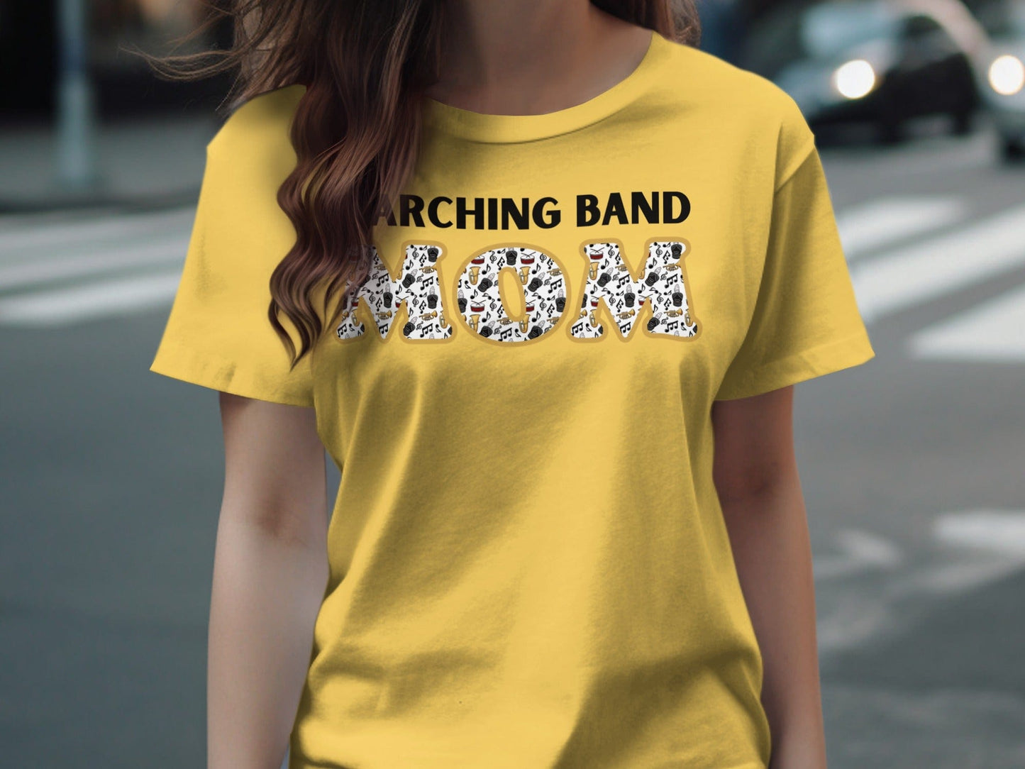 Jen Peete Designs Clothing T-shirts Marching Band Mom Musical Notes and Instruments Filled T-Shirts