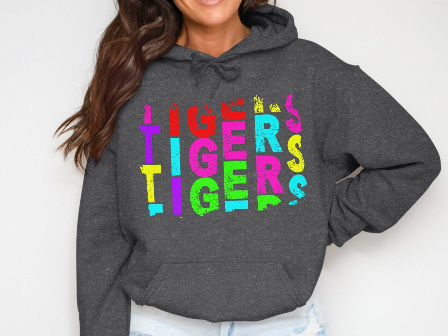 JPD Clothing T-shirts Tigers Colorful Bold Text Design in Short-Sleeve, Long-Sleeve, Crewnecks, and Hoodies