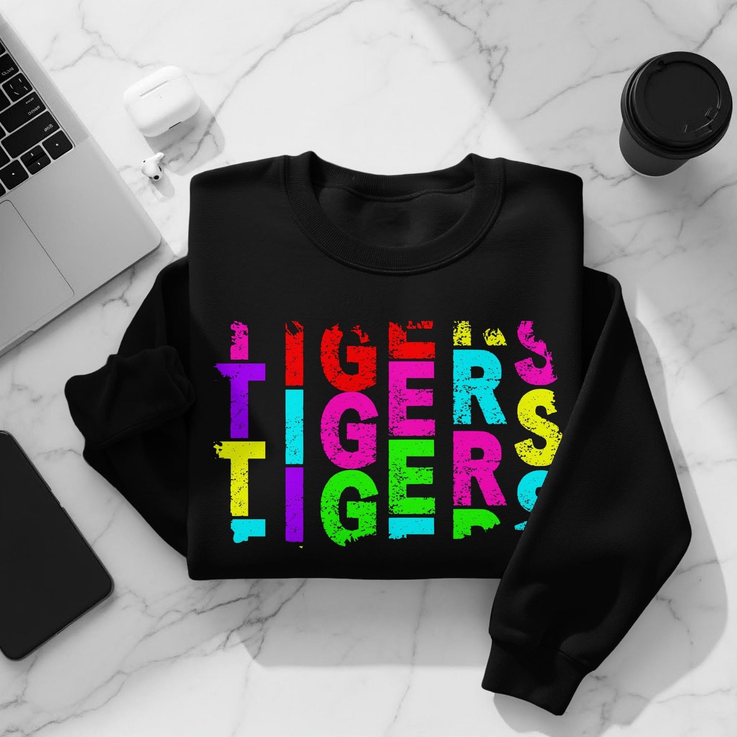 JPD Clothing T-shirts Tigers Colorful Bold Text Design in Short-Sleeve, Long-Sleeve, Crewnecks, and Hoodies