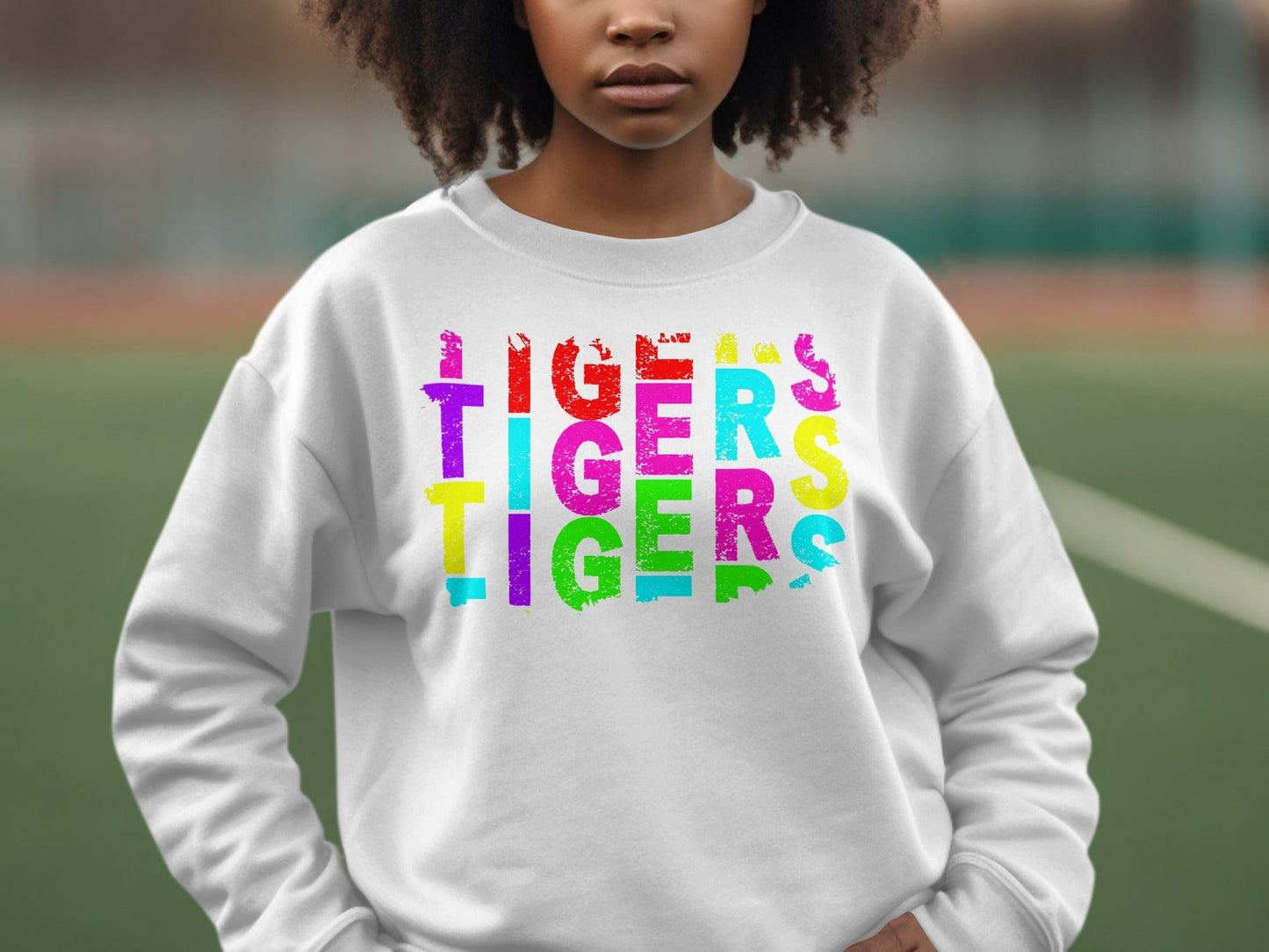 JPD Clothing T-shirts Tigers Colorful Bold Text Design in Short-Sleeve, Long-Sleeve, Crewnecks, and Hoodies
