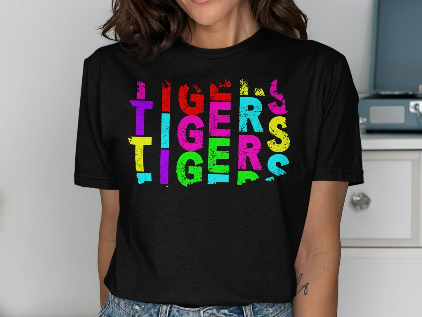 JPD Clothing T-shirts Tigers Colorful Bold Text Design in Short-Sleeve, Long-Sleeve, Crewnecks, and Hoodies