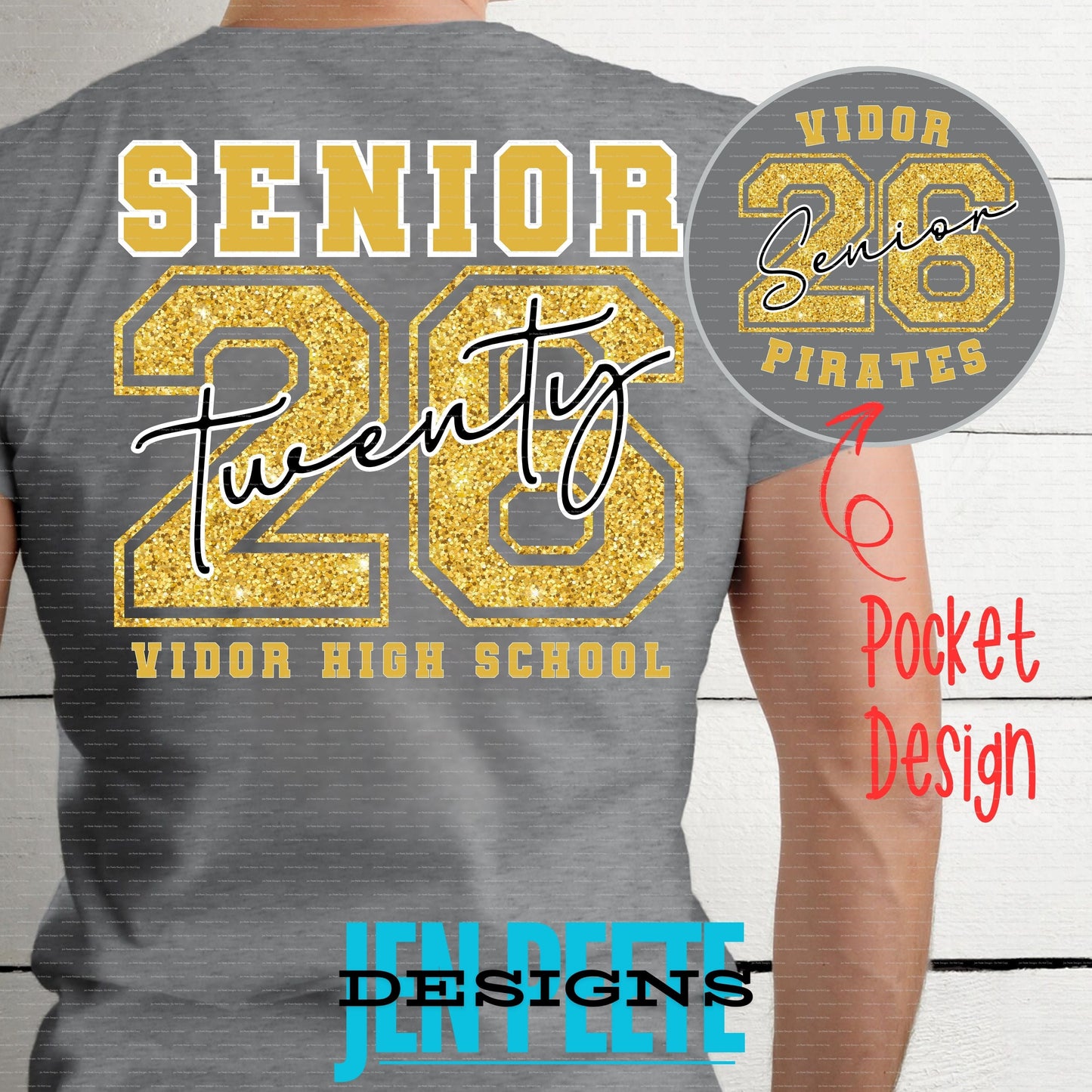 Jen Peete Designs Clothing T-shirts Vidor Pirates Senior 2026 Gold Glitter T-Shirt