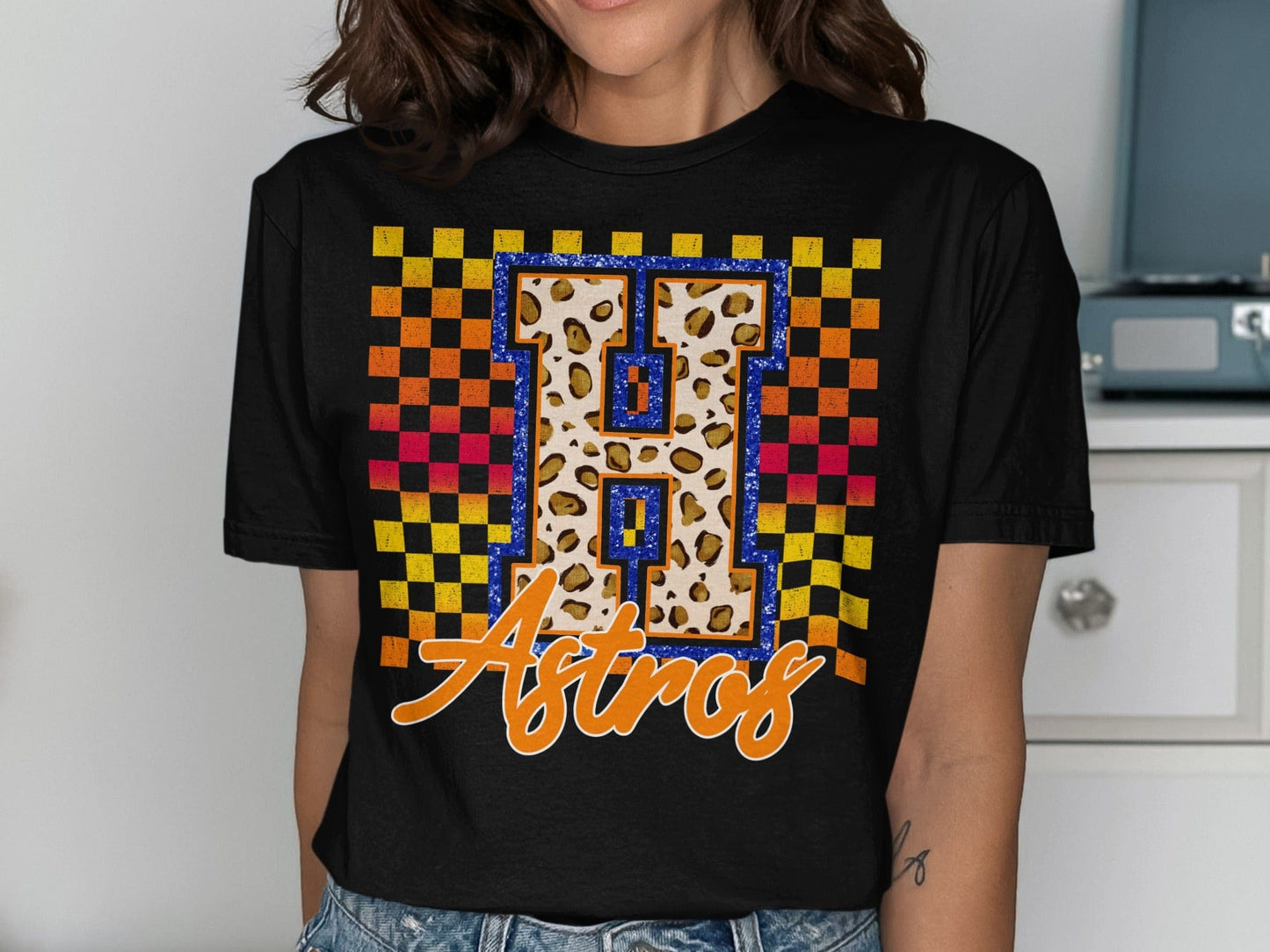 JPD Physical Item Astros H Letter with Cheetah Texture T-Shirt