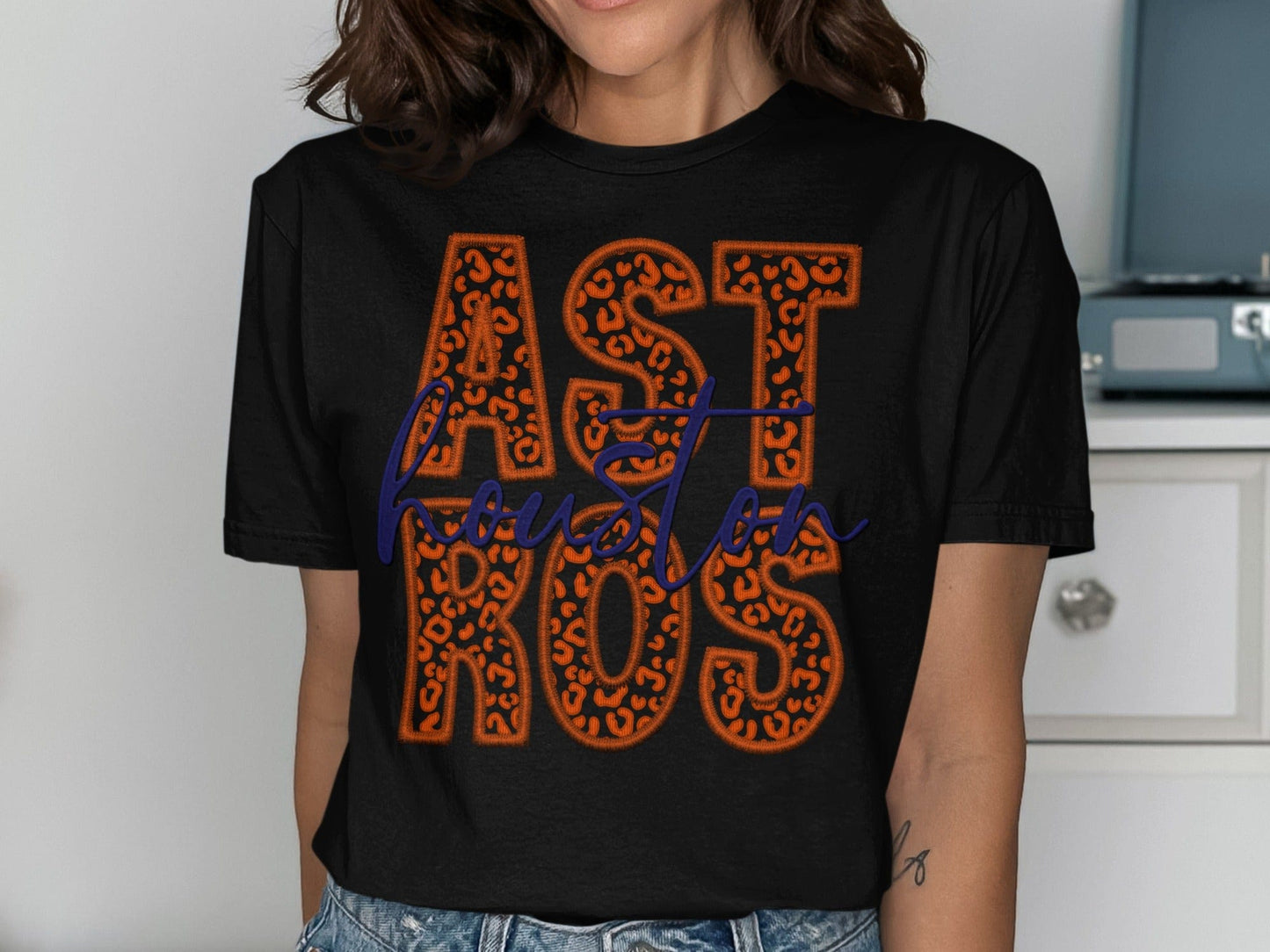 JPD Physical Item Astros in Leopard Print with Houston Script Above T-Shirt
