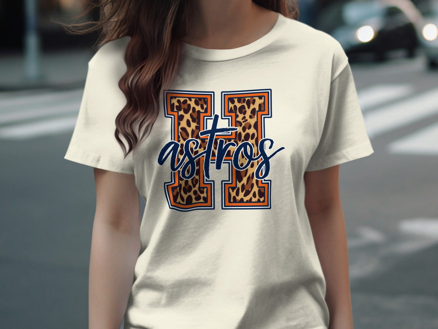 JPD Physical Item Astros Team Leopard Print Design Graphic T-Shirt