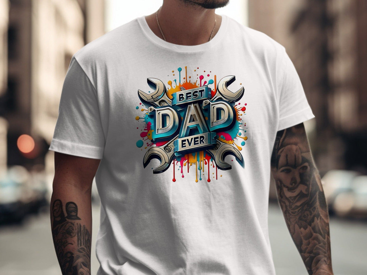 Jen Peete Designs Physical Item Best Dad Ever Tools Colorful Splatter Design T-Shirt