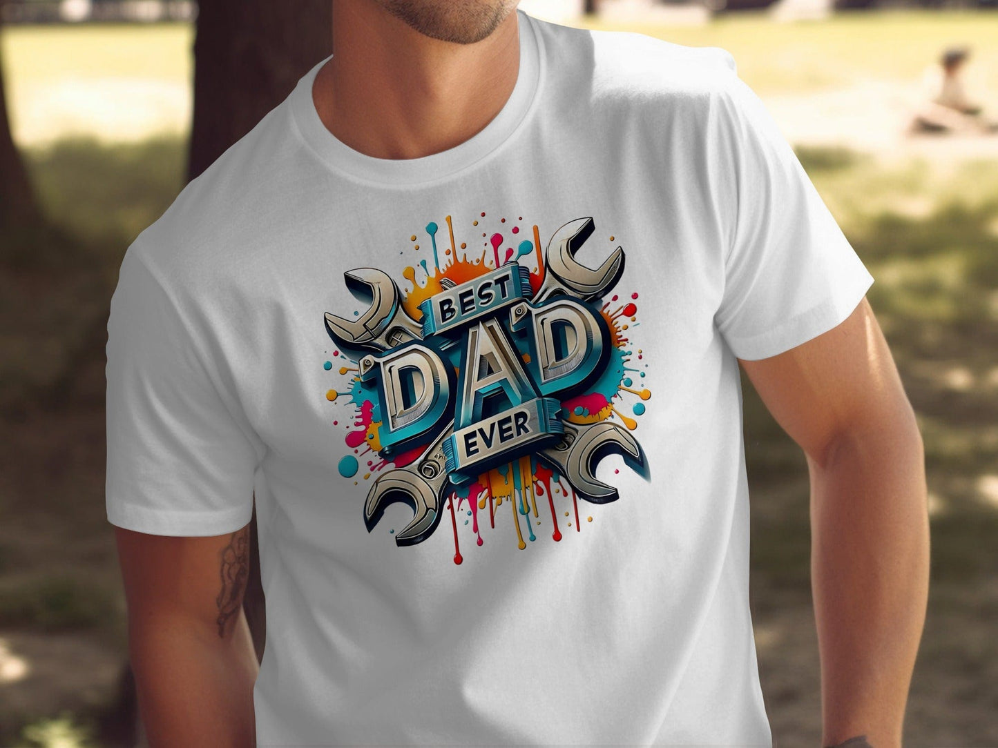 Jen Peete Designs Physical Item Best Dad Ever Tools Colorful Splatter Design T-Shirt