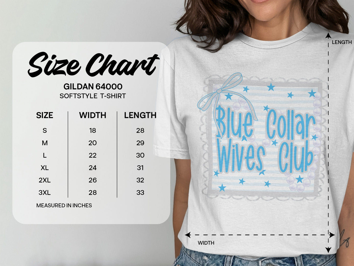 Jen Peete Designs Physical Item Blue Collar Wives Club with Pearls and Bow Graphic T-Shirt
