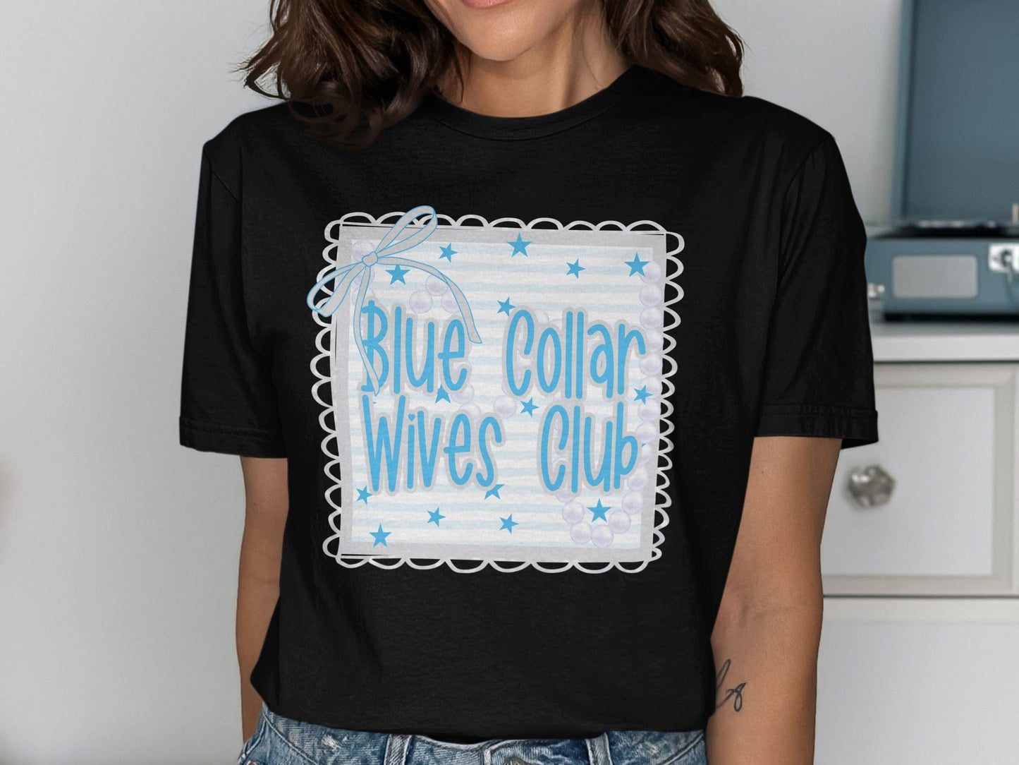 Jen Peete Designs Physical Item Blue Collar Wives Club with Pearls and Bow Graphic T-Shirt