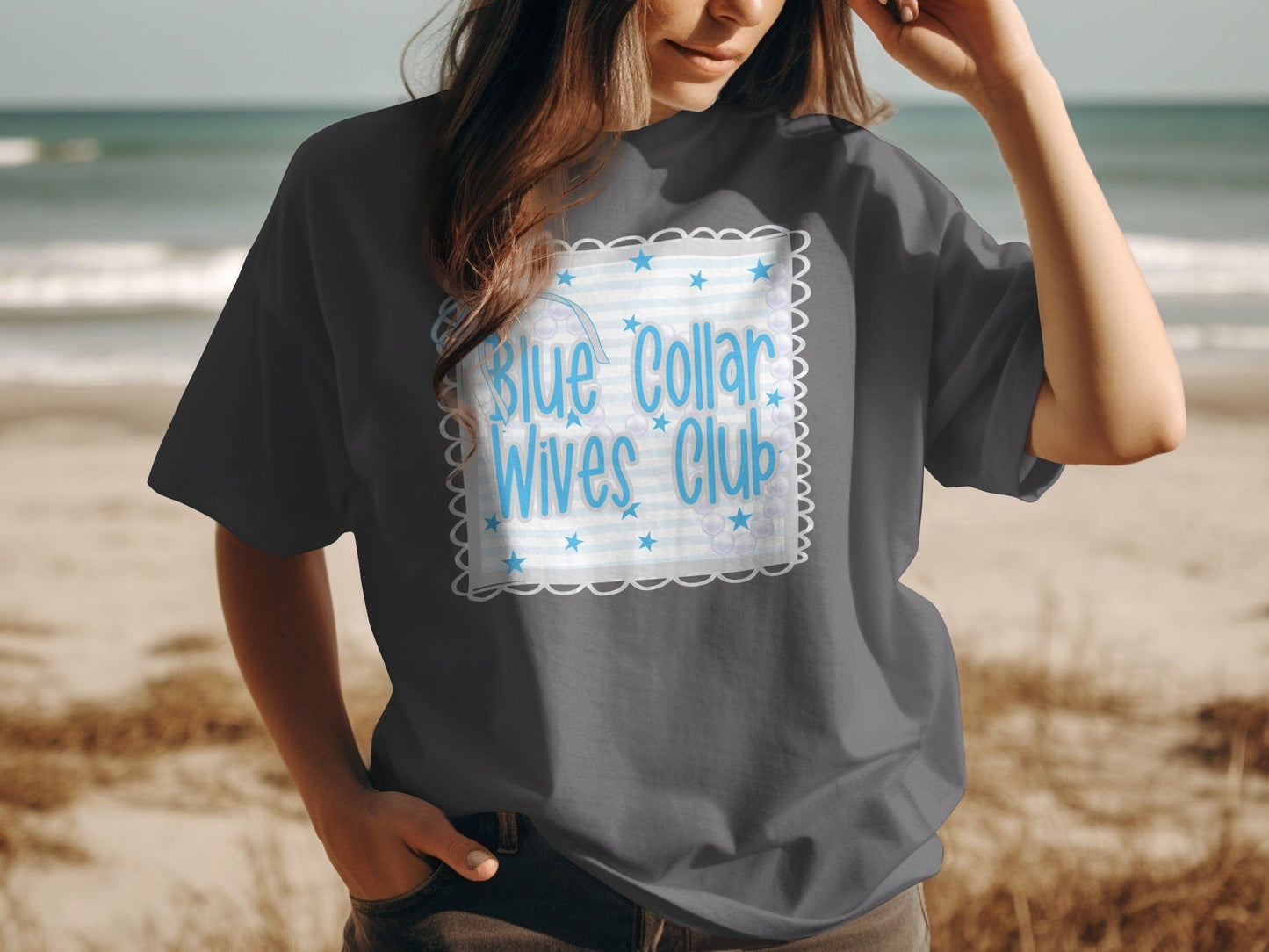 Jen Peete Designs Physical Item Blue Collar Wives Club with Pearls and Bow Graphic T-Shirt