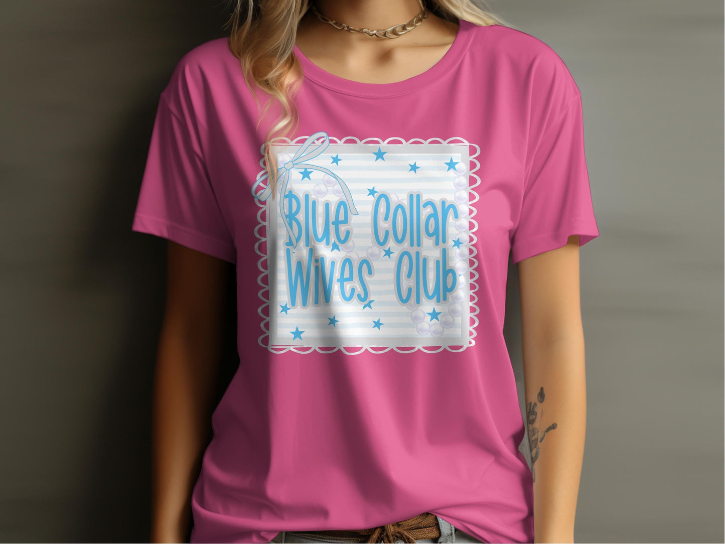 Jen Peete Designs Physical Item Blue Collar Wives Club with Pearls and Bow Graphic T-Shirt