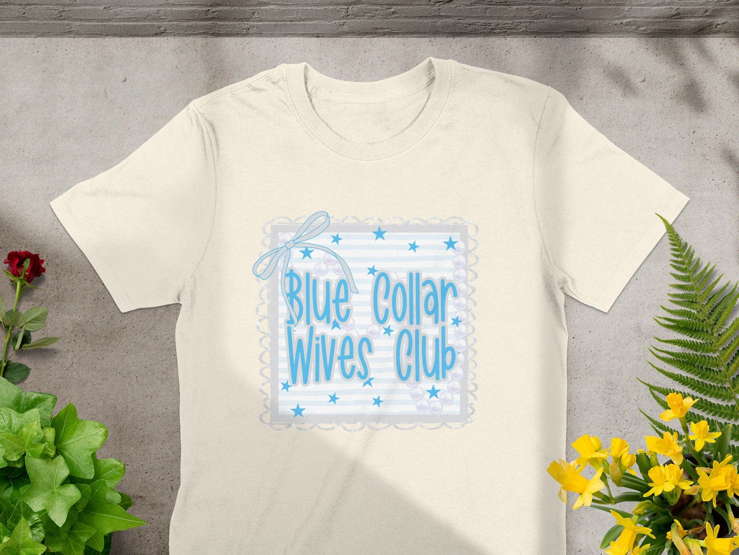 Jen Peete Designs Physical Item Blue Collar Wives Club with Pearls and Bow Graphic T-Shirt