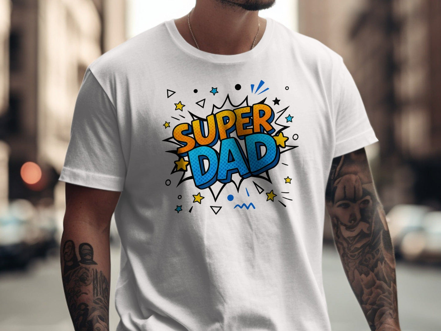 Jen Peete Designs Physical Item Celebrate Dad with Super Dad Comic Graphic Fathers Day T-Shirt