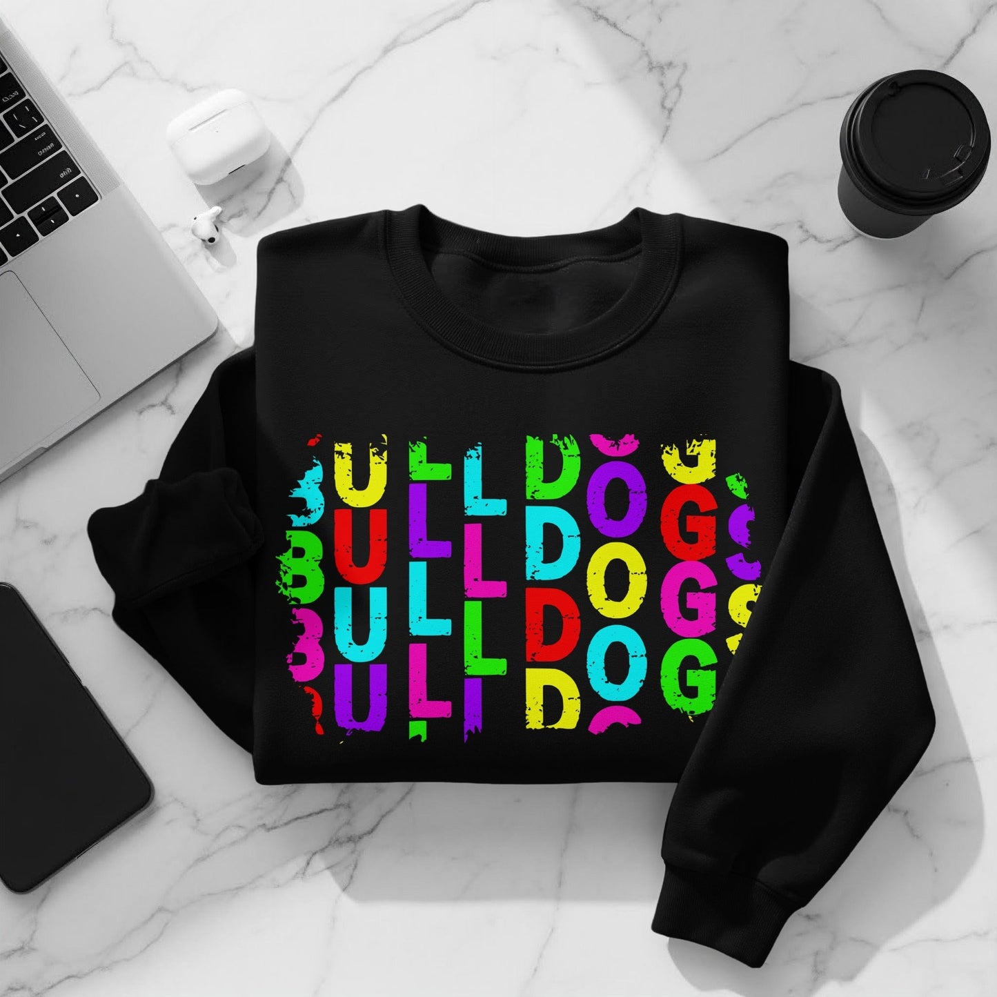 JPD Physical Item Colorful Bulldogs Text Graphic in Short Sleeve, Long Sleeve, Crewnecks, and Hoodies