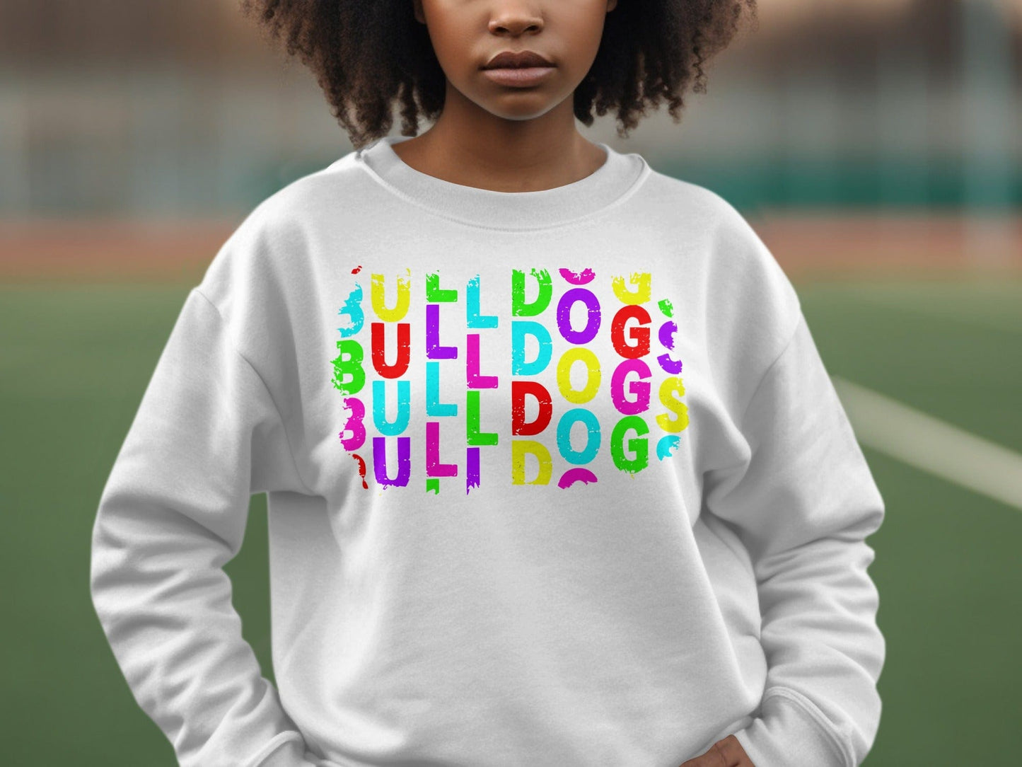 JPD Physical Item Colorful Bulldogs Text Graphic in Short Sleeve, Long Sleeve, Crewnecks, and Hoodies