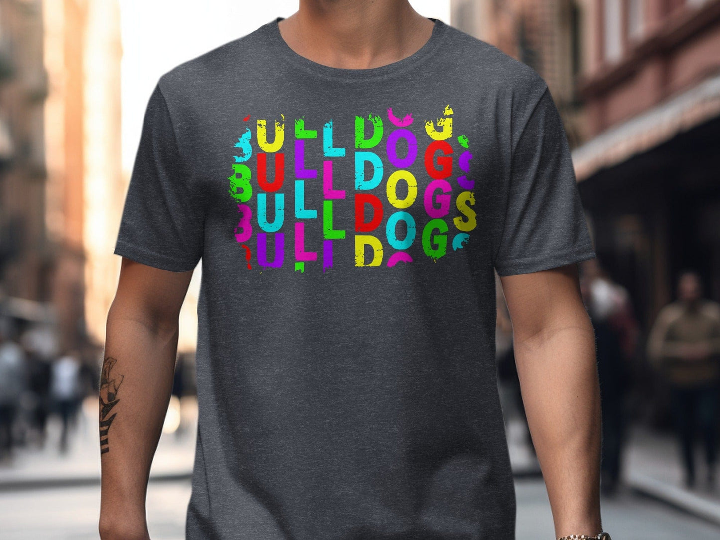 JPD Physical Item Colorful Bulldogs Text Graphic in Short Sleeve, Long Sleeve, Crewnecks, and Hoodies