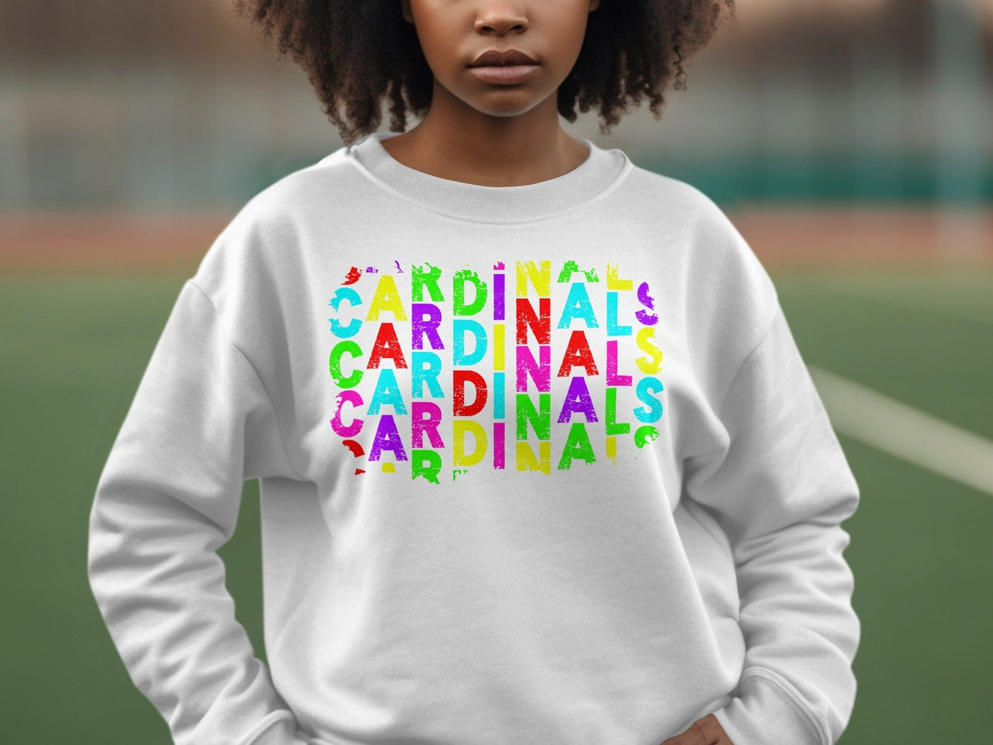 JPD Physical Item Colorful Distressed Cardinals Text Design in Short-Sleeve, Long-Sleeve, Crewnecks, and Hoodies