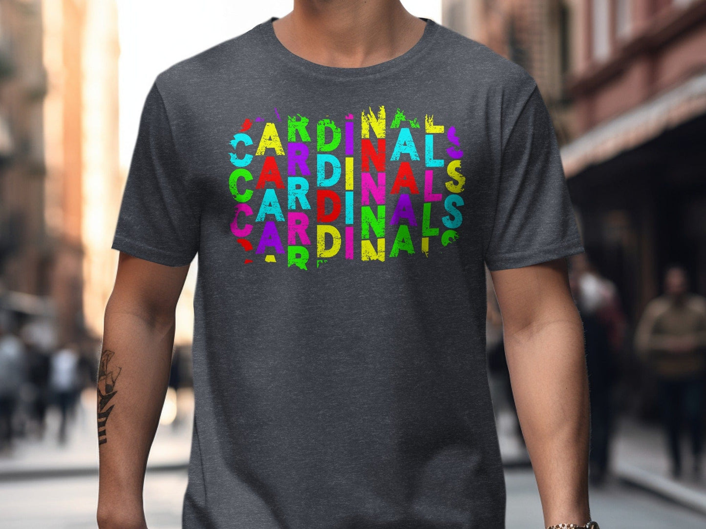 JPD Physical Item Colorful Distressed Cardinals Text Design in Short-Sleeve, Long-Sleeve, Crewnecks, and Hoodies