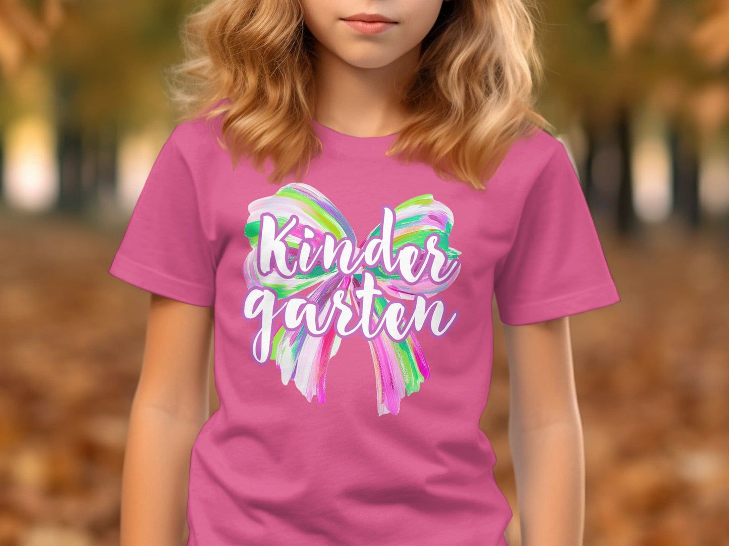 Jen Peete Designs Physical Item Kindergarten Colorful Brush Strokes Bow Back to School T-Shirt