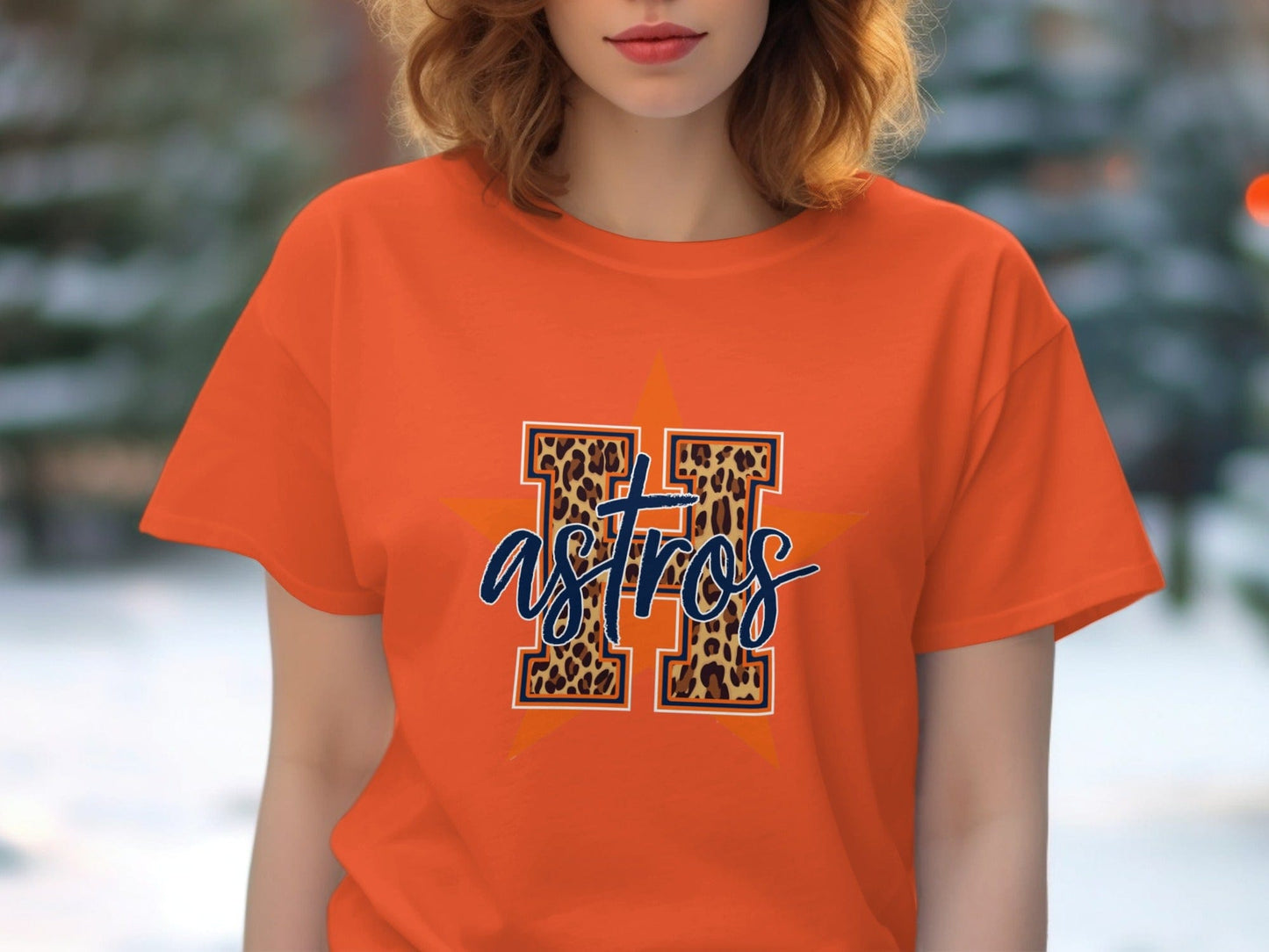JPD Physical Item Leopard Astros H Logo over Orange Star Graphic Design T-Shirt
