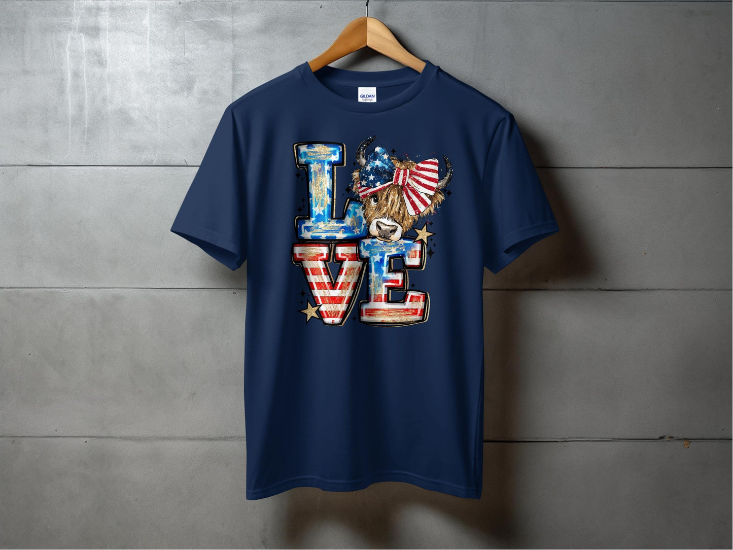 Jen Peete Designs Physical Item Love Highland Cow Patriotic USA Flag Stars T-Shirt