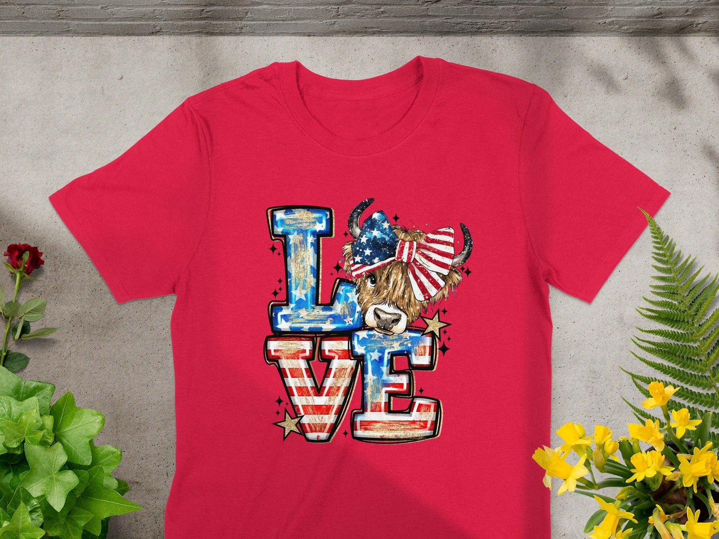 Jen Peete Designs Physical Item Love Highland Cow Patriotic USA Flag Stars T-Shirt